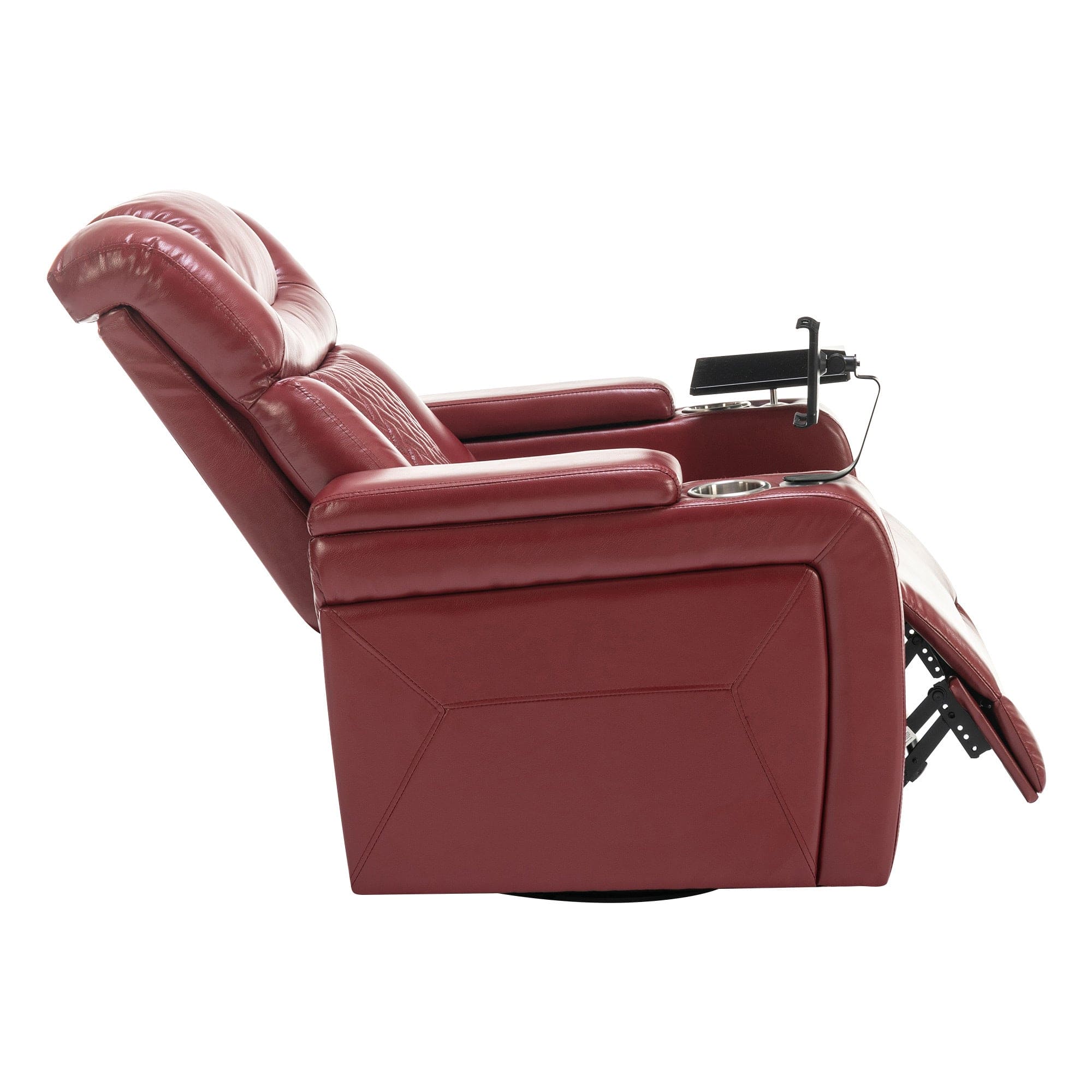 270 Degree Swivel PU Leather Power Recliner Individual Seat Home Theater Recliner with  Comforable Backrest, Tray Table,  Phone Holder, Cup Holder,  USB Port, Hidden Arm Storage for Living Room, Red