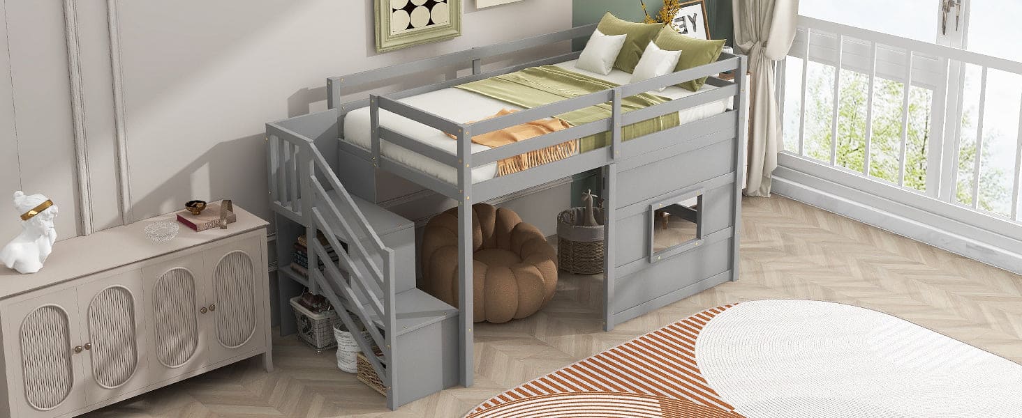 Twin Size Loft Bed with Storage Staircase and Window, Gray