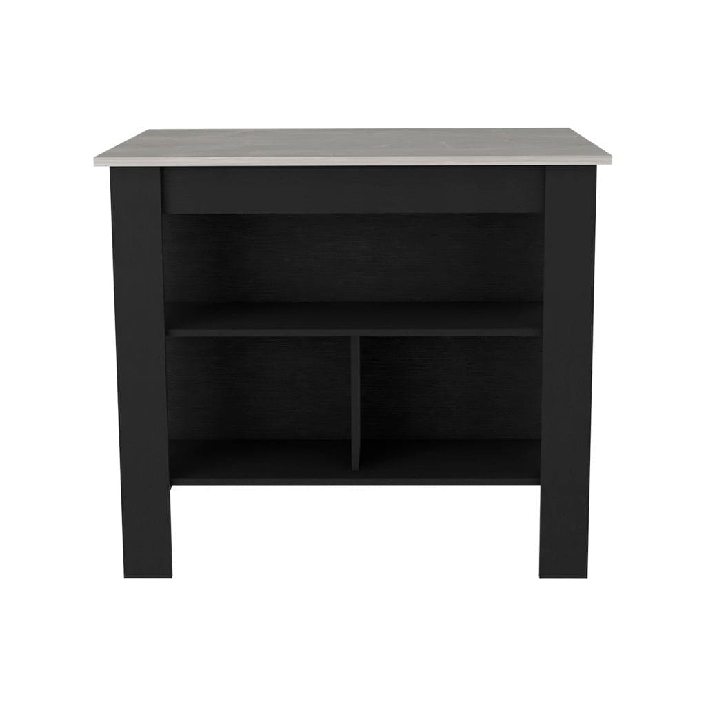 Kitchen Island Dozza, Three Shelves, Black Wengue / Ibiza Marble Finish