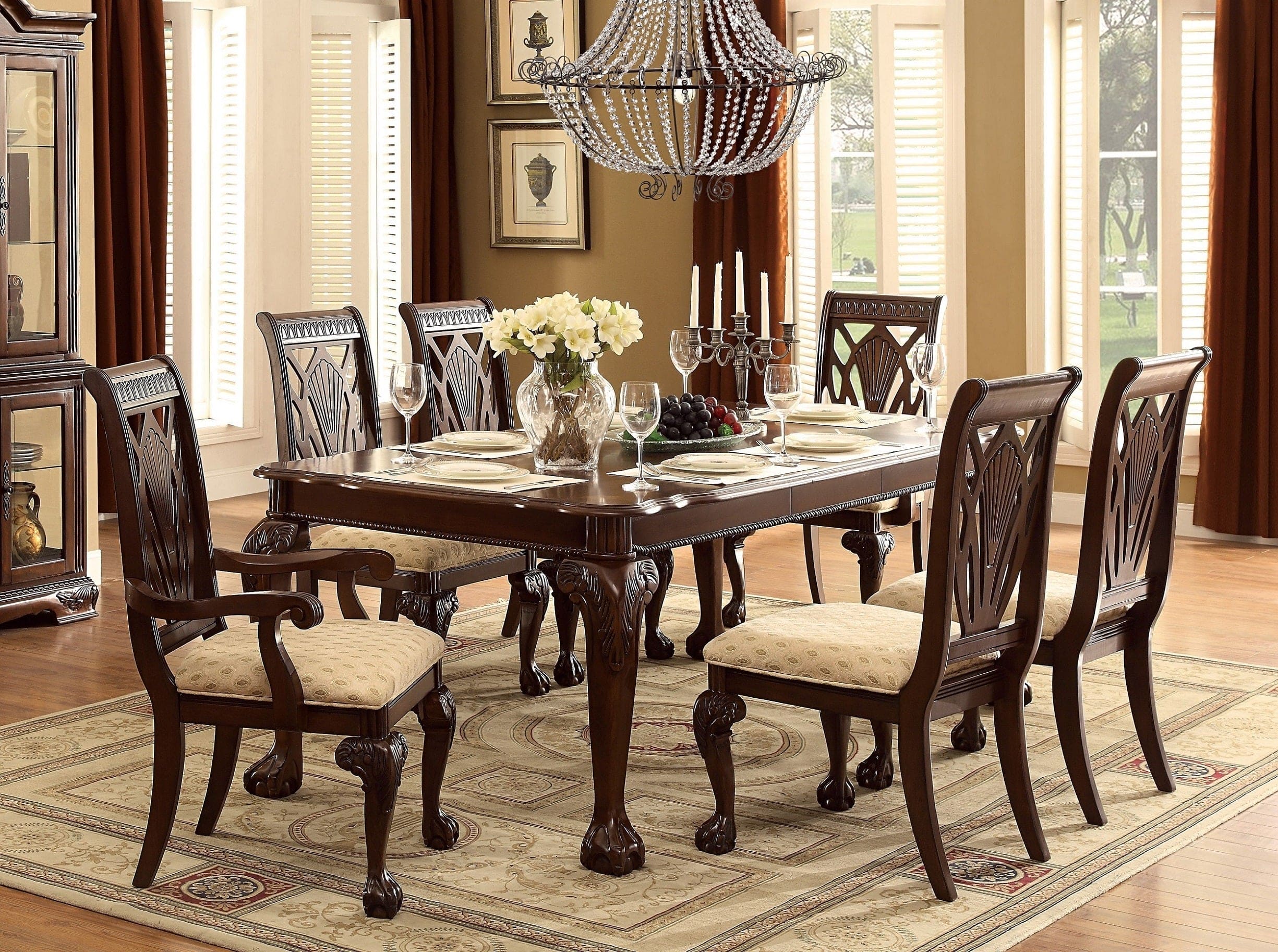 Elegant Design Traditional Side Chairs 2pc Set Dark Cherry Finish Brown Fabric Seats Dining Furniture