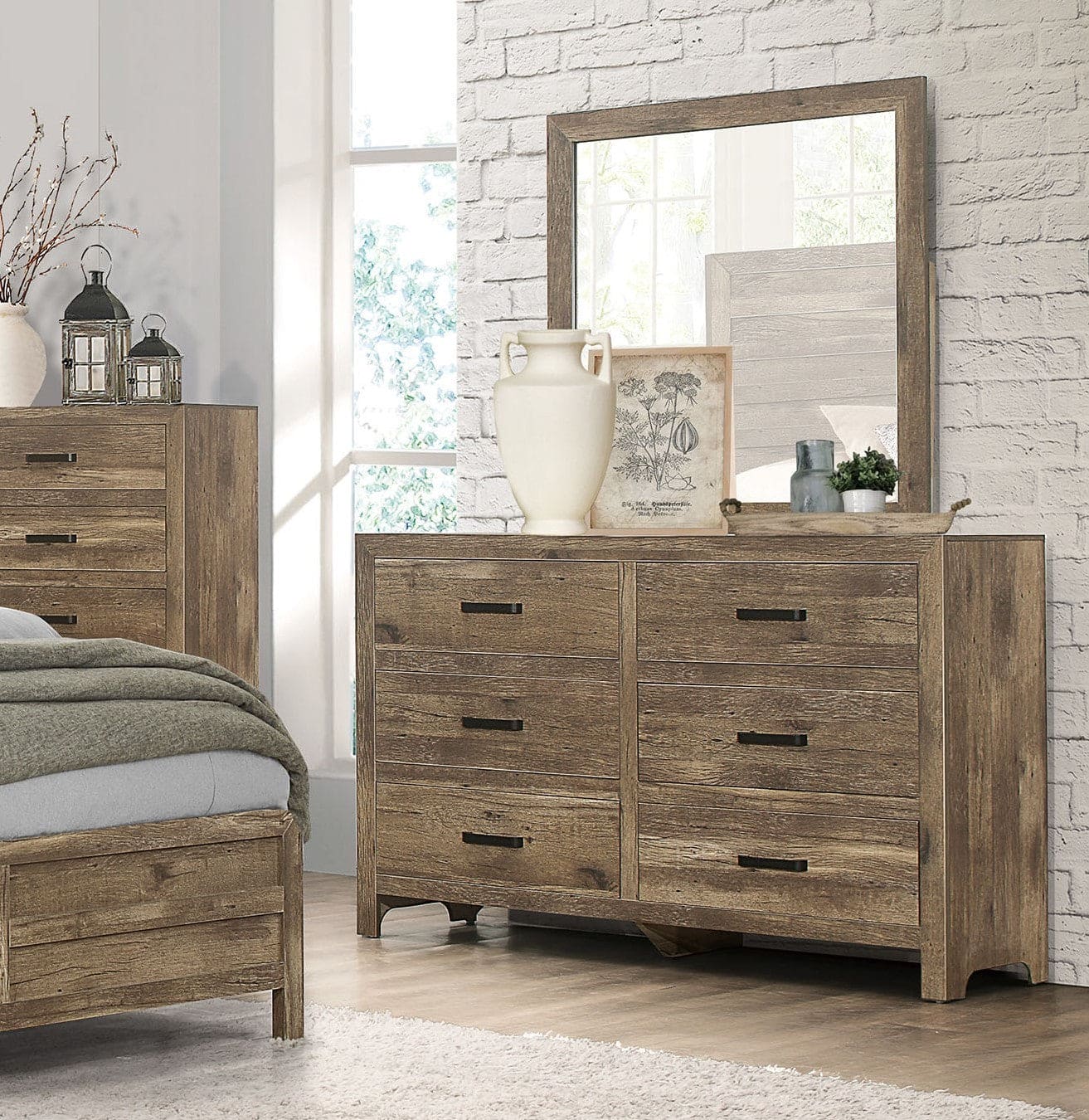 Rustic Style Dresser w 6 Storage Drawers Weathered Pine Finish Wooden Bedroom Furniture