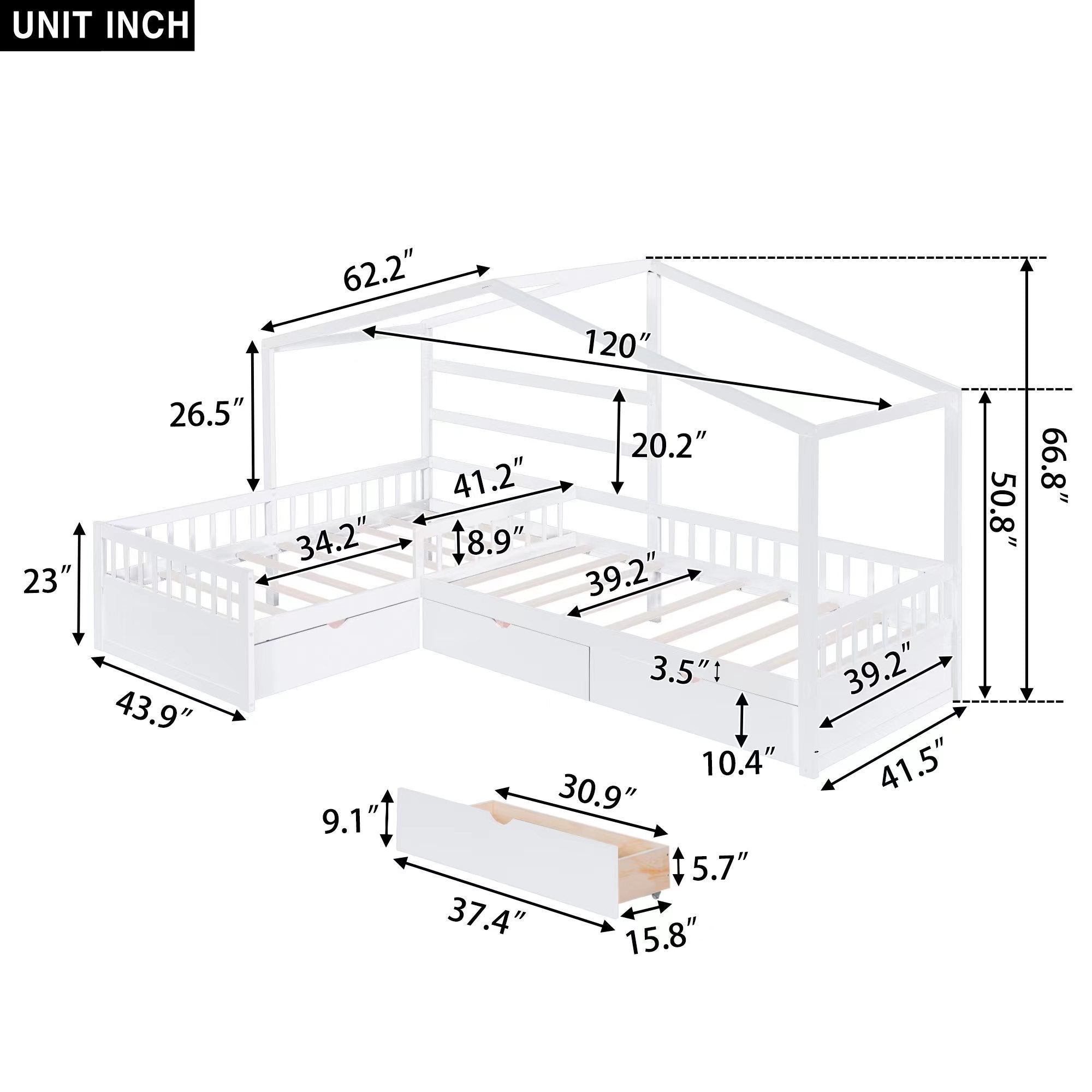 Twin Size House Platform Bed with Three Storage Drawers,White