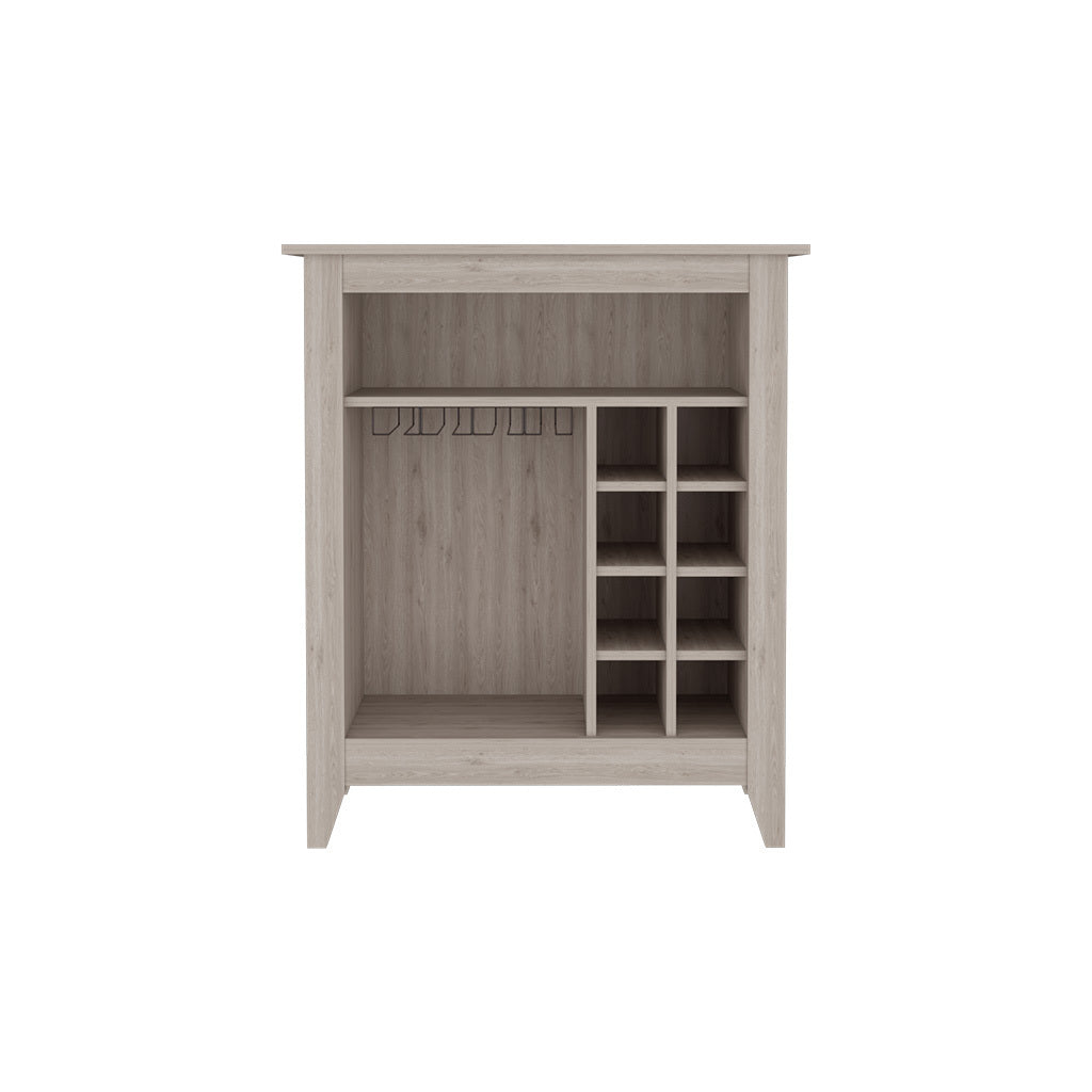 Bar Cabinet Castle, One Open Shelf, Six Wine Cubbies, Light Gray Finish