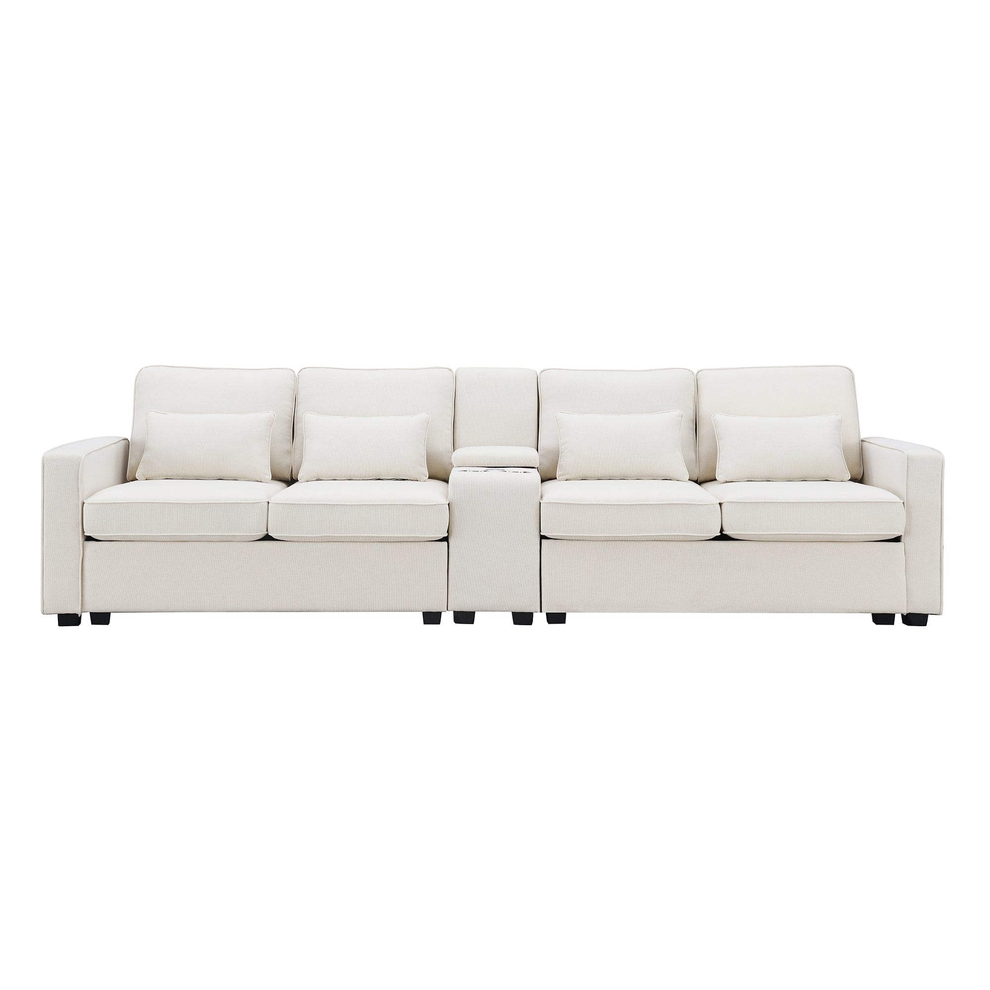 [VIDEO provided] [New] 114.2" Upholstered Sofa with Console, 2 Cupholders and 2 USB Ports Wired or Wirelessly Charged, Modern Linen Fabric Couches with 4 Pillows for Living Room, Apartment (4-Seat)