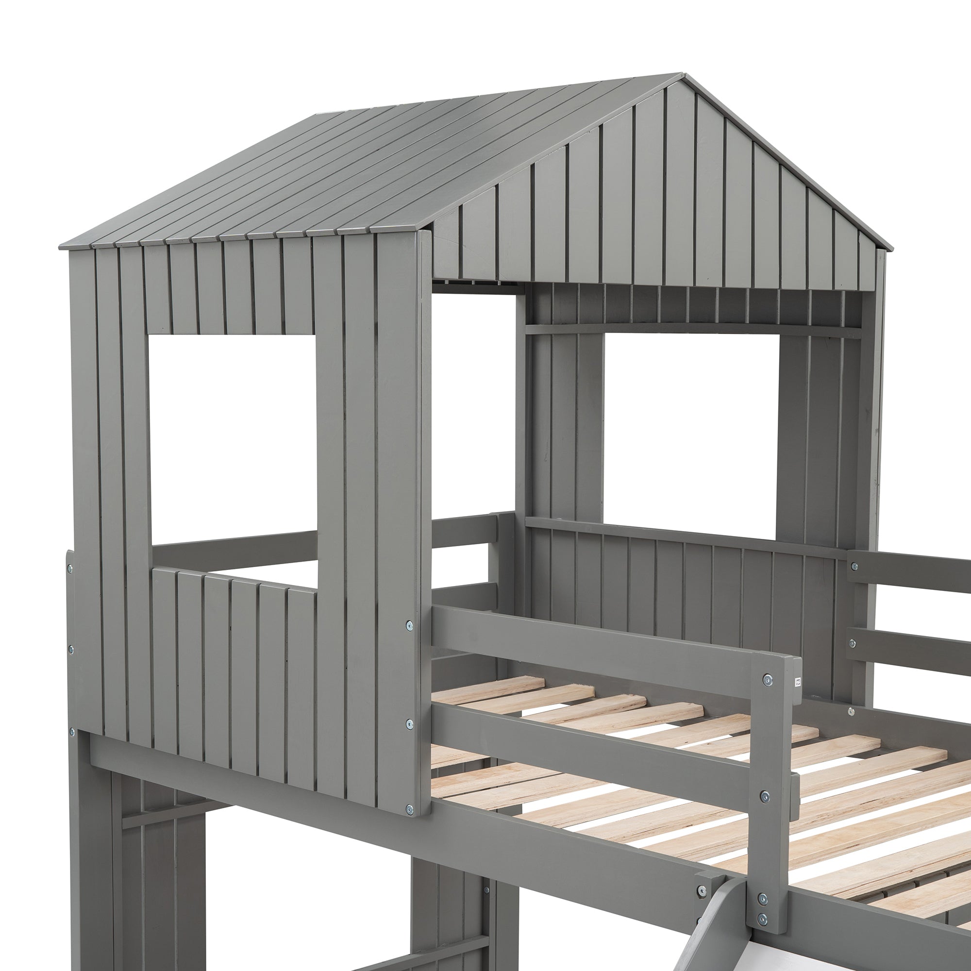 Wooden Twin Over Full Bunk Bed, Loft Bed with Playhouse, Farmhouse, Ladder, Slide and Guardrails, Gray(OLD SKU :LT000028AAN)