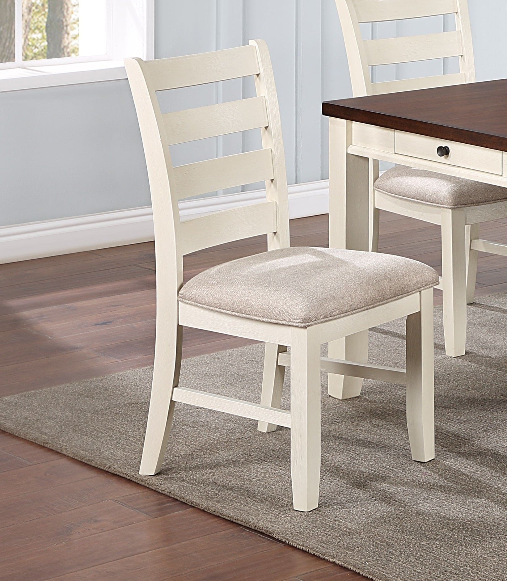 White Classic 2pcs Dining Chairs Set Rubberwood Beige Fabric Cushion Seats Ladder Backs Dining Room Furniture Side Chair