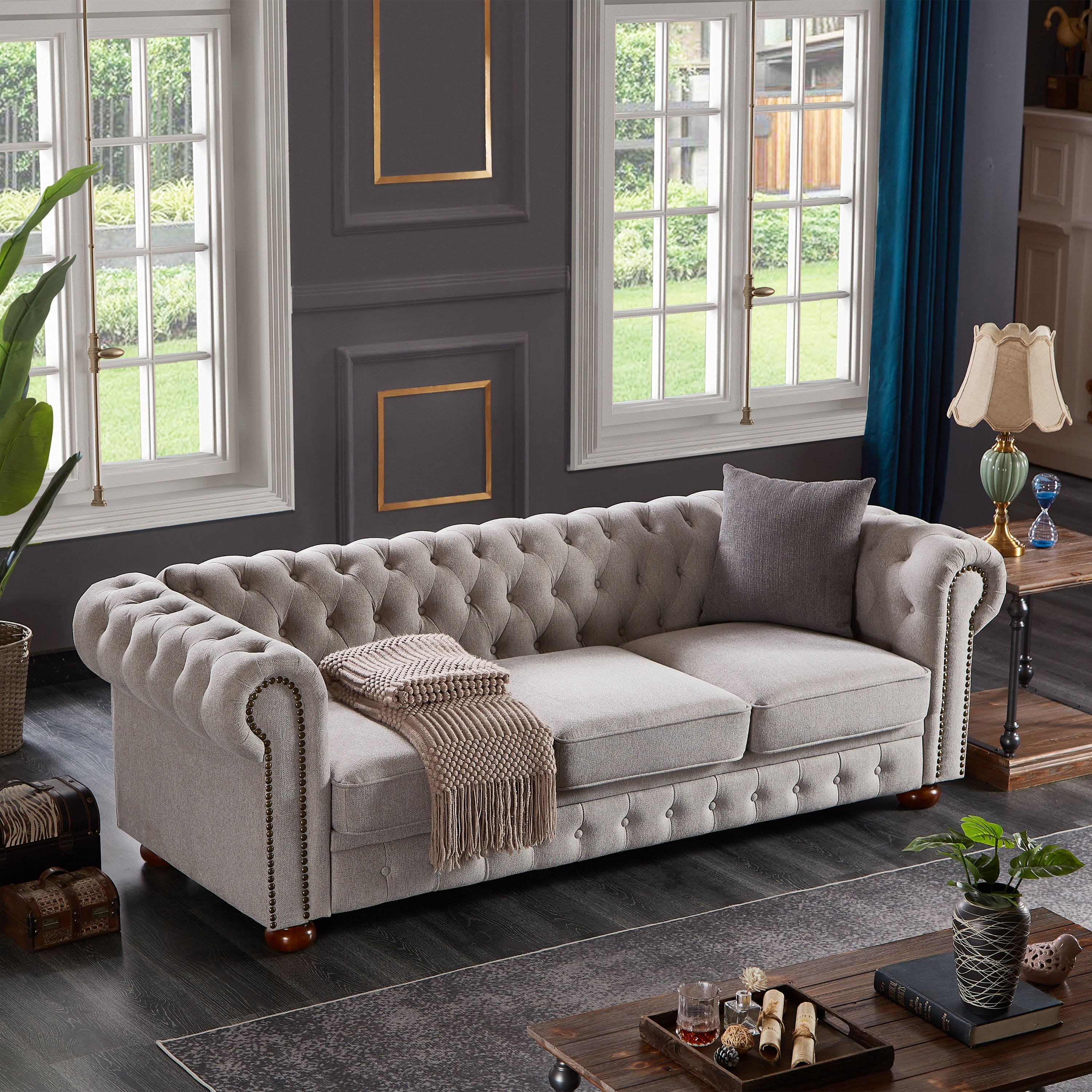 Chesterfield sofa in linen fabric (Light Grey)