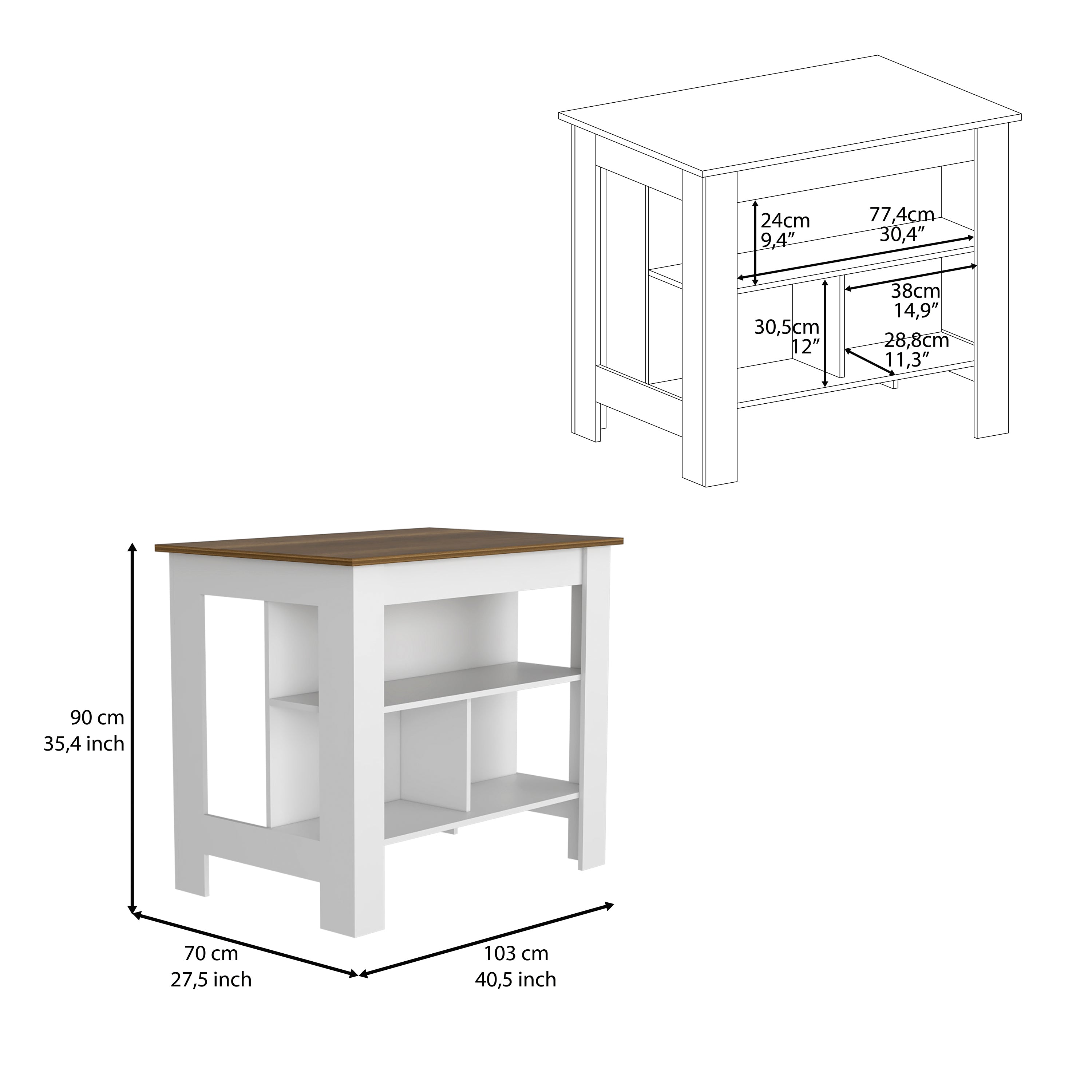 Kitchen Island Dozza, Three Shelves, White / Walnut Finish