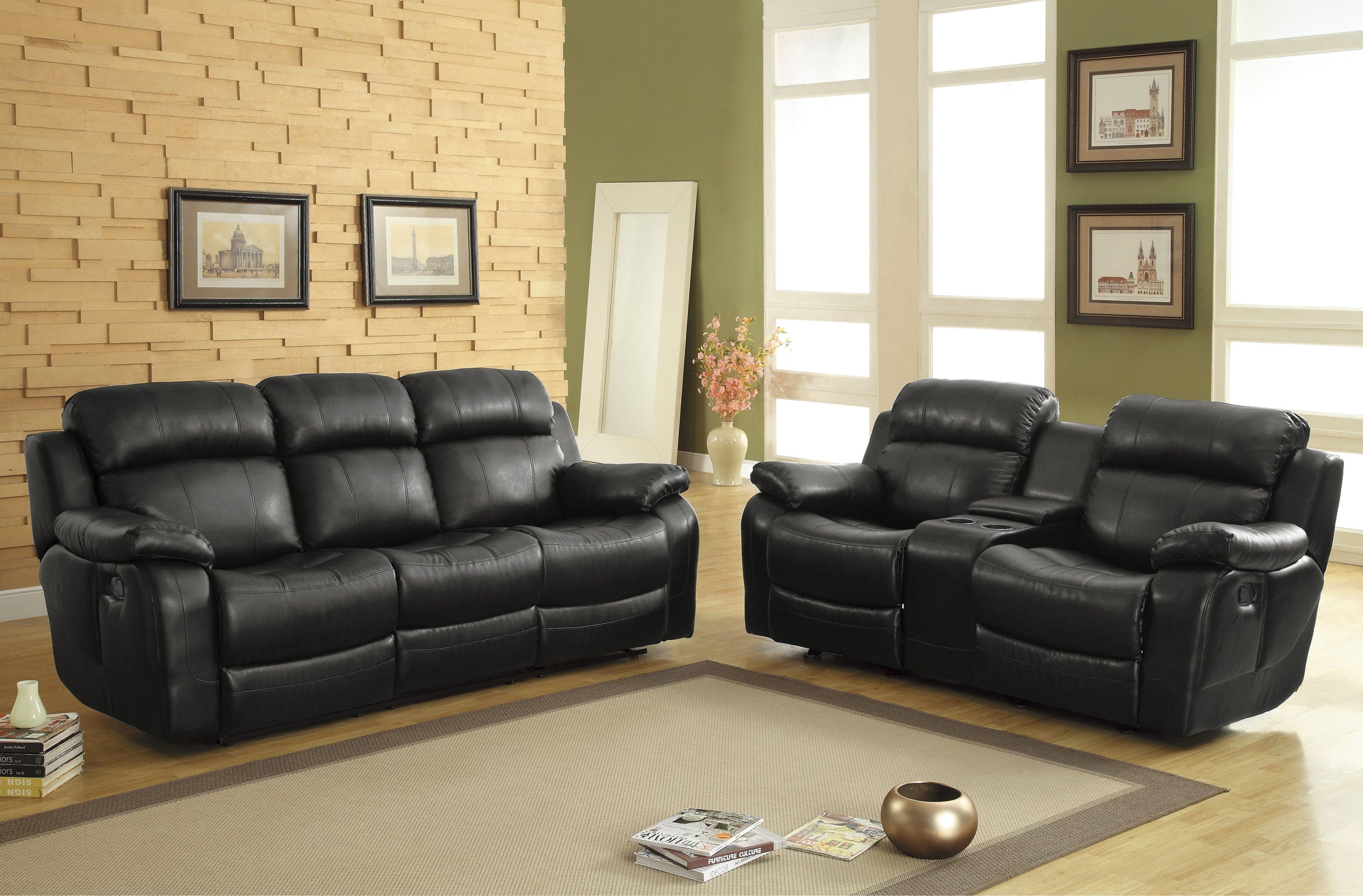 Contemporary Black Faux Leather Upholstered 1pc Double Reclining Sofa w/ Center Drop-Down Cup Holder Living Room Furniture