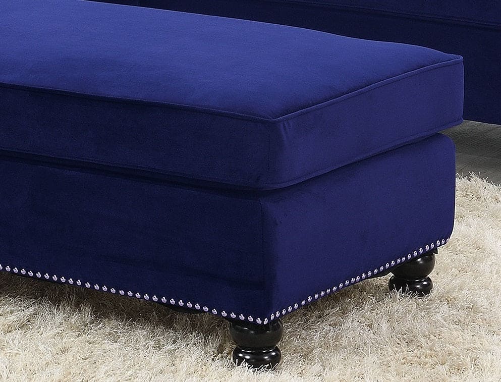 Living Room XL- Cocktail Ottoman Indigo Blue Velvet Accent Studding Trim Wooden Legs