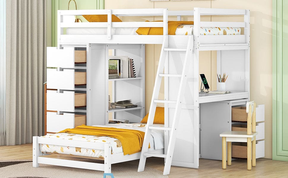 Twin over Twin Bunk Bed with LED Light and USB Ports, White