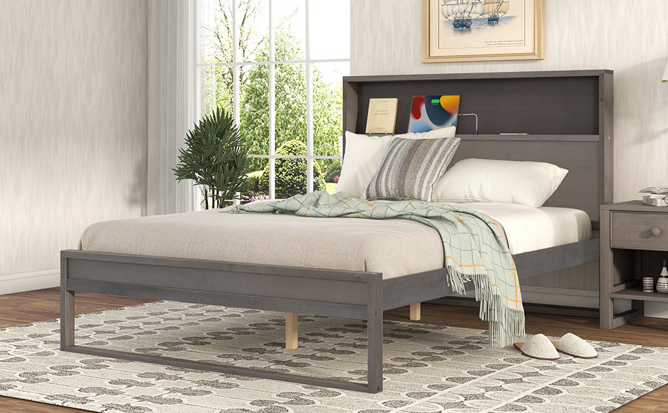 Platform Bed with Storage Headboard,Sockets and USB Ports,Full Size Platform Bed,Antique Gray