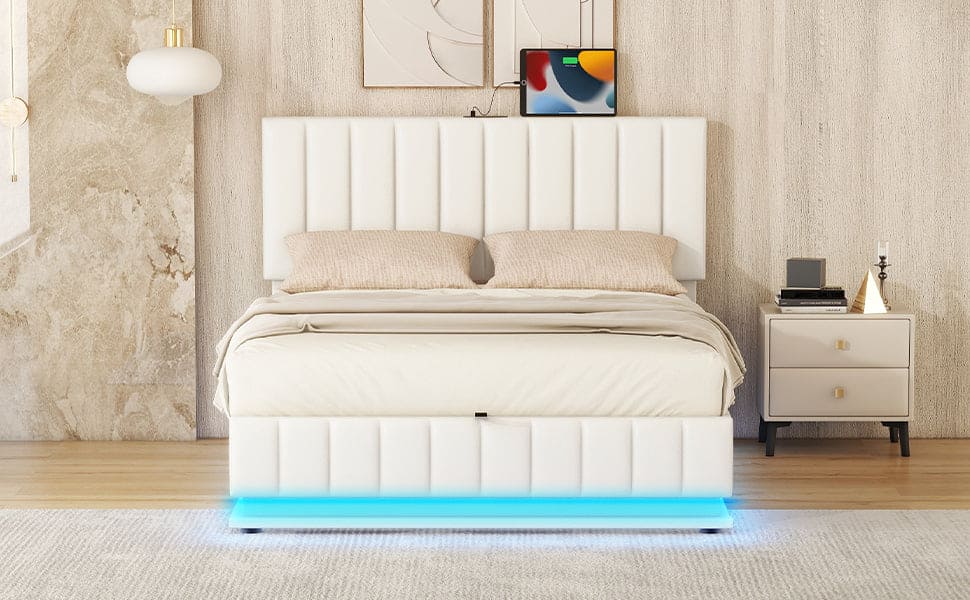 Full Size Upholstered Bed with Hydraulic Storage System and LED Light, Modern Platform Bed with Sockets and USB Ports, White