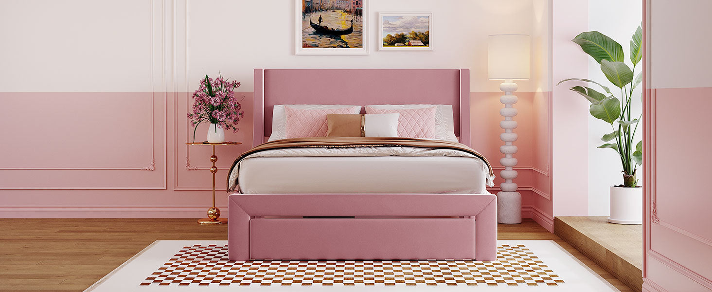 Full Size Storage Bed Velvet Upholstered Platform Bed with a Big Drawer - Pink