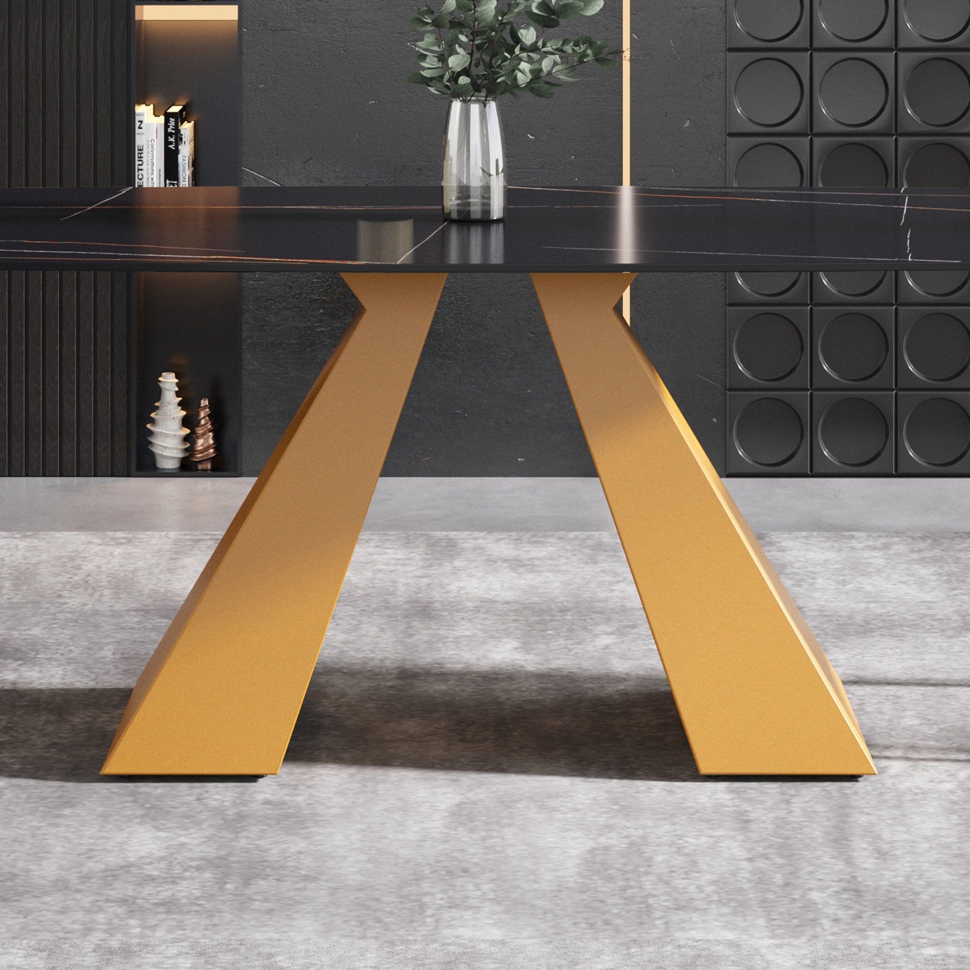 63"Modern artificial stone black curved golden metal leg dining table -6 people