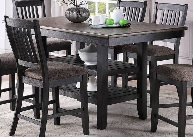 Transitional Dining Room 7pc Set Dark Coffee Rubberwood Counter Height Dining Table w 2x Shelfs and 6x High Chairs Fabric Upholstered seats Unique Back Counter Height Chairs