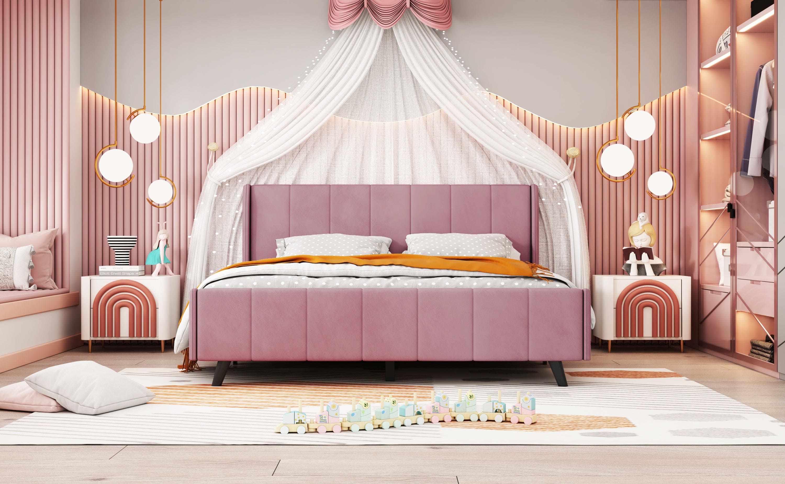 Queen Size Upholstered Platform Bed, Velvet, Pink