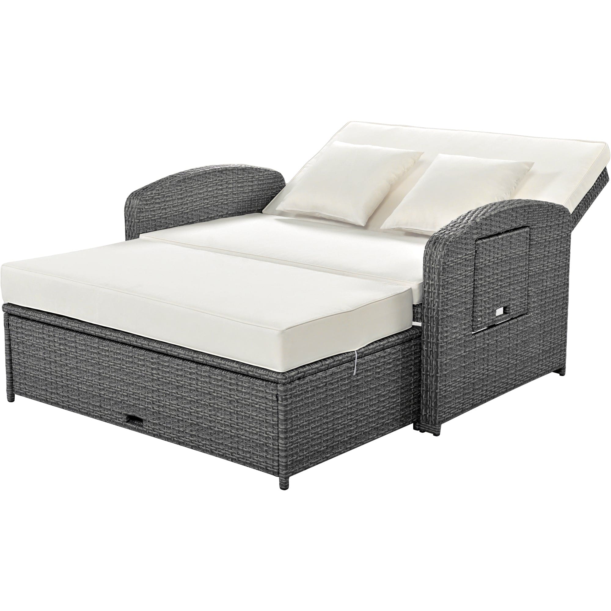 TOPMAX PE Wicker Rattan Double Chaise Lounge, 2-Person Reclining Daybed with Adjustable Back and Cushions, Free Furniture Protection Cover, White