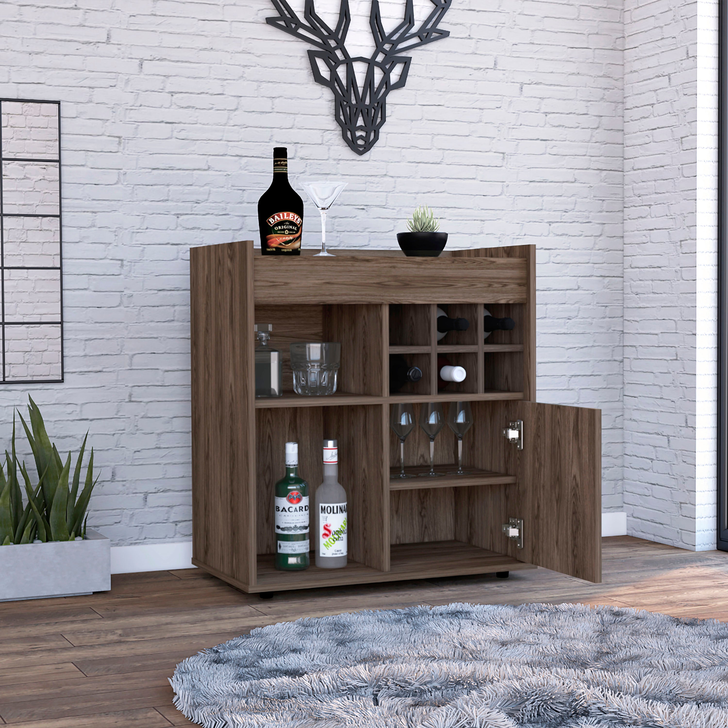 Bar Cabinet Dext, Two Concealed Shelves, Six Wine Cubbies, Dark Walnut Finish