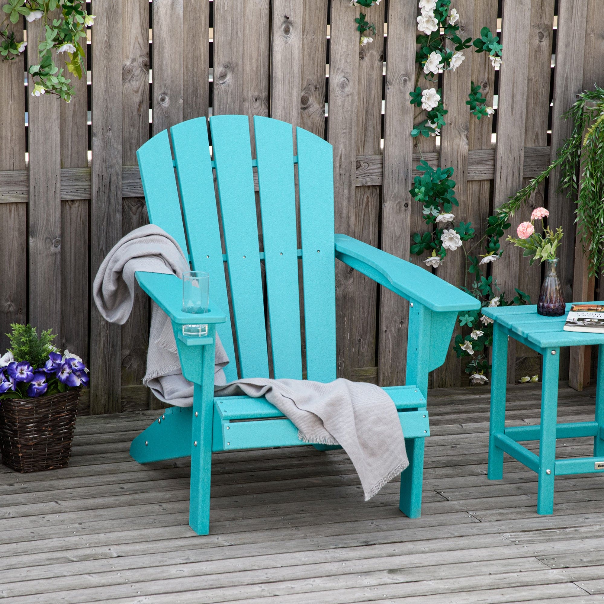 Outsunny HDPE All-Weather Outdoor Adirondack Chair with Cup Holder, Fire Pit Chair for Backyard, Deck, Lawn, Garden, 330lbs Capacity, Light Blue