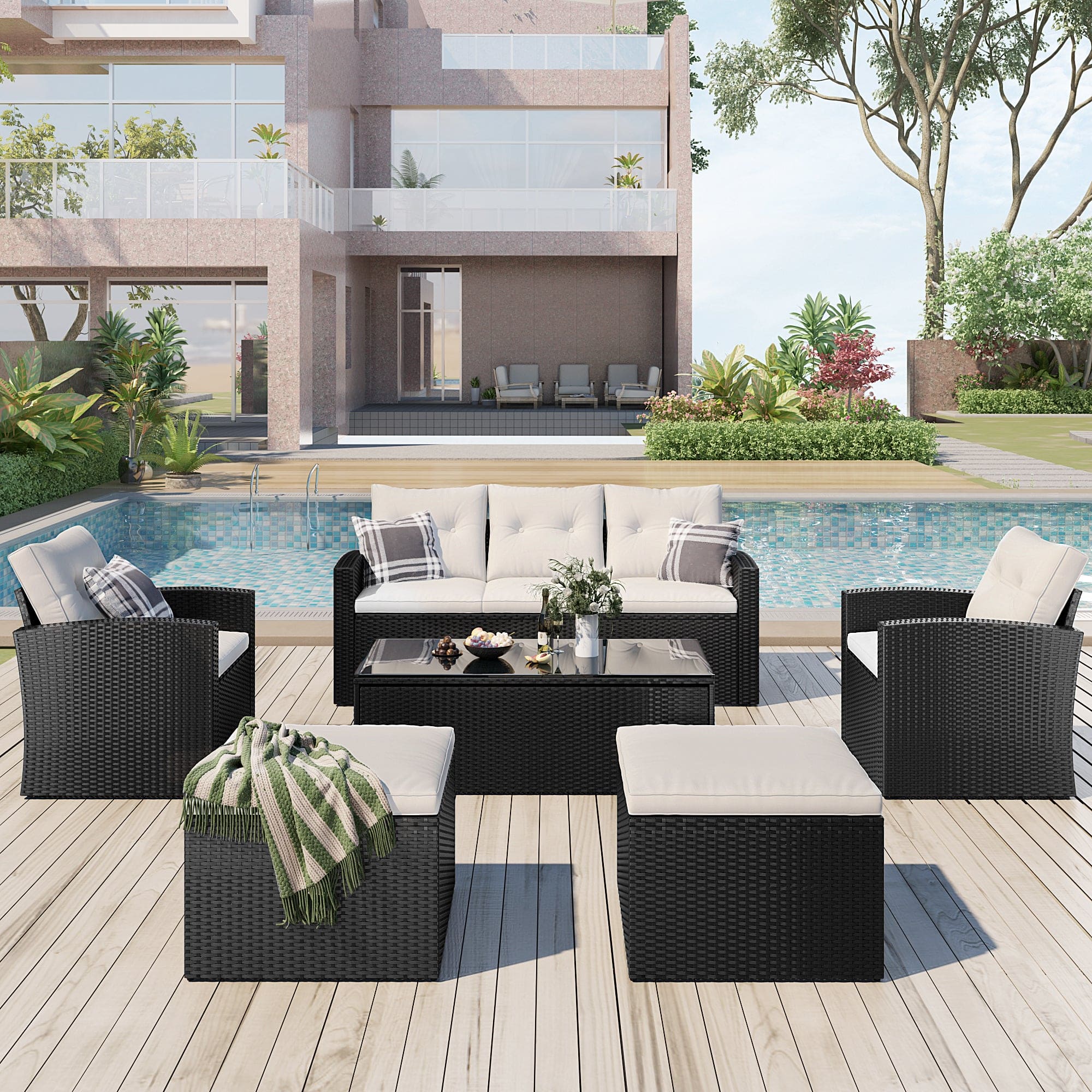 GO 6-piece All-Weather Wicker PE rattan Patio Outdoor Dining Conversation Sectional Set with coffee table, wicker sofas, ottomans, removable cushions (Black wicker, Beige cushion)