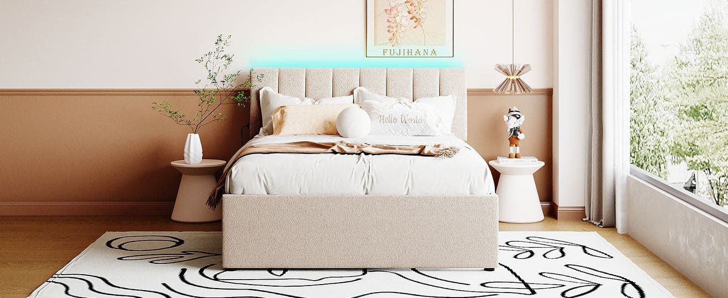 Teddy Fleece Full Size Upholstered Platform Bed with Trundle, Beige