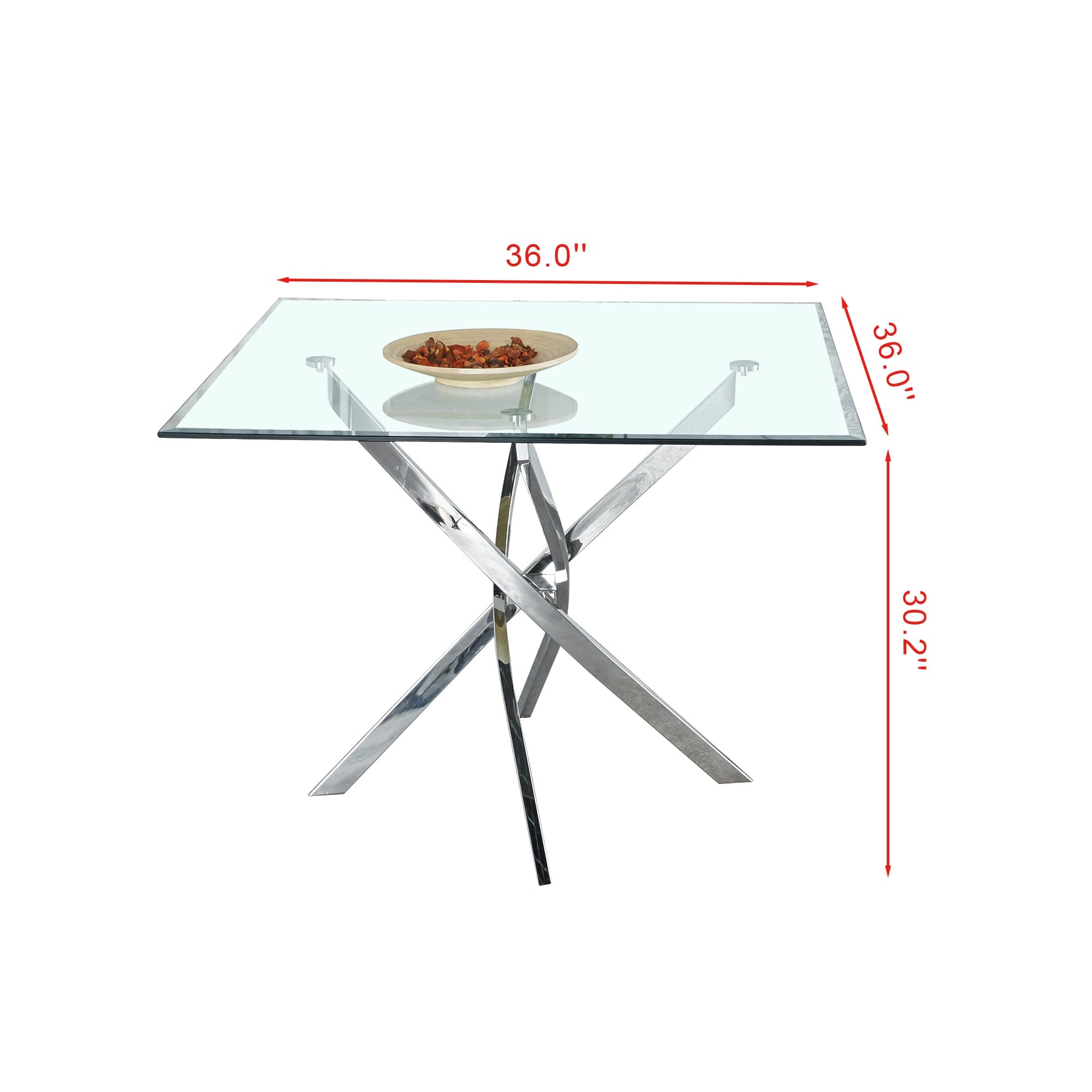 Contemporary Square Clear Dining Tempered Glass Table with Silver Finish Stainless Steel Legs