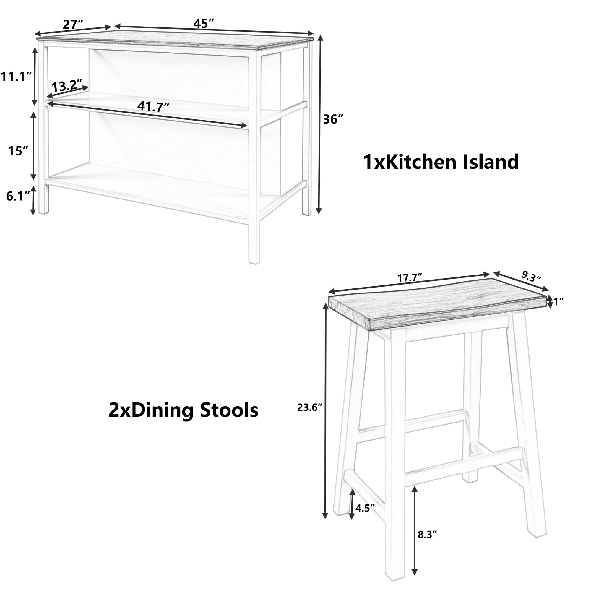 TOPMAX Solid Wood Rustic 3-piece 45" Stationary Kitchen Island Set with 2 Seatings, Rubber Wood Butcher Block Dining Table Set Prep Table Set with 2 Open Shelves for Small Places,Walnut+Cream White