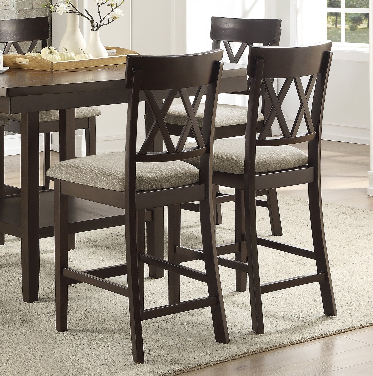 Dark Brown Finish Counter Height Chairs 2pc Set Double X-Back Design Lenin-like Fabric Padded Seat Dining Furniture