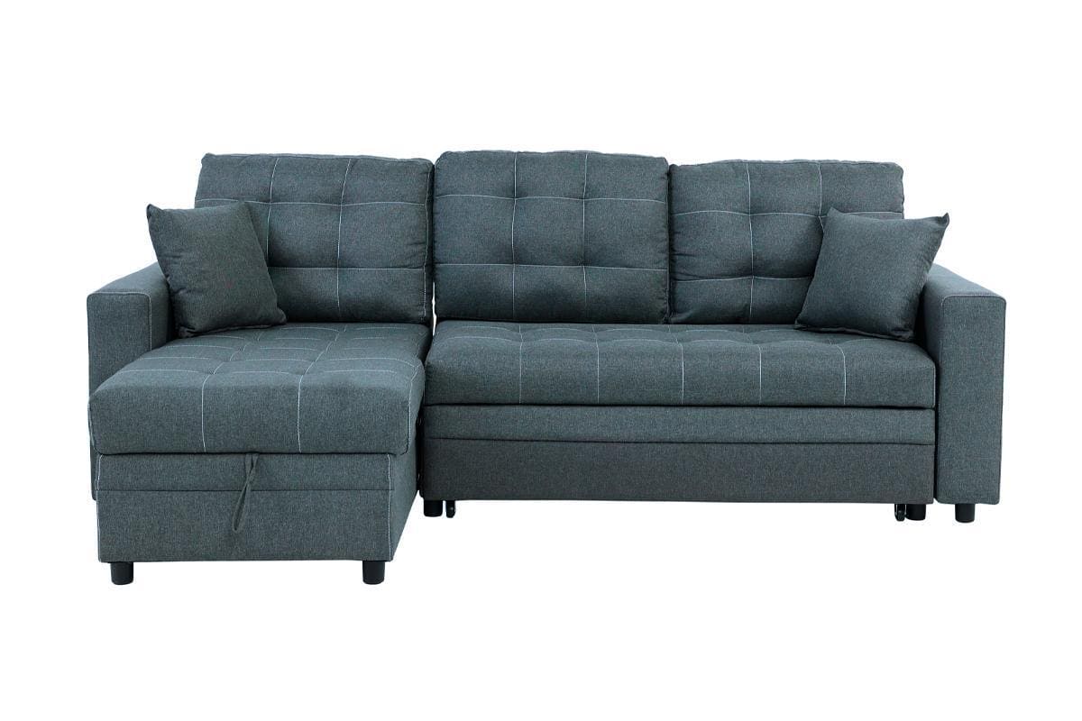 Blue Grey Convertible Sectional Pull Out Bed Sofa Chaise Reversible Storage Chaise Polyfiber Tufted Couch Lounge