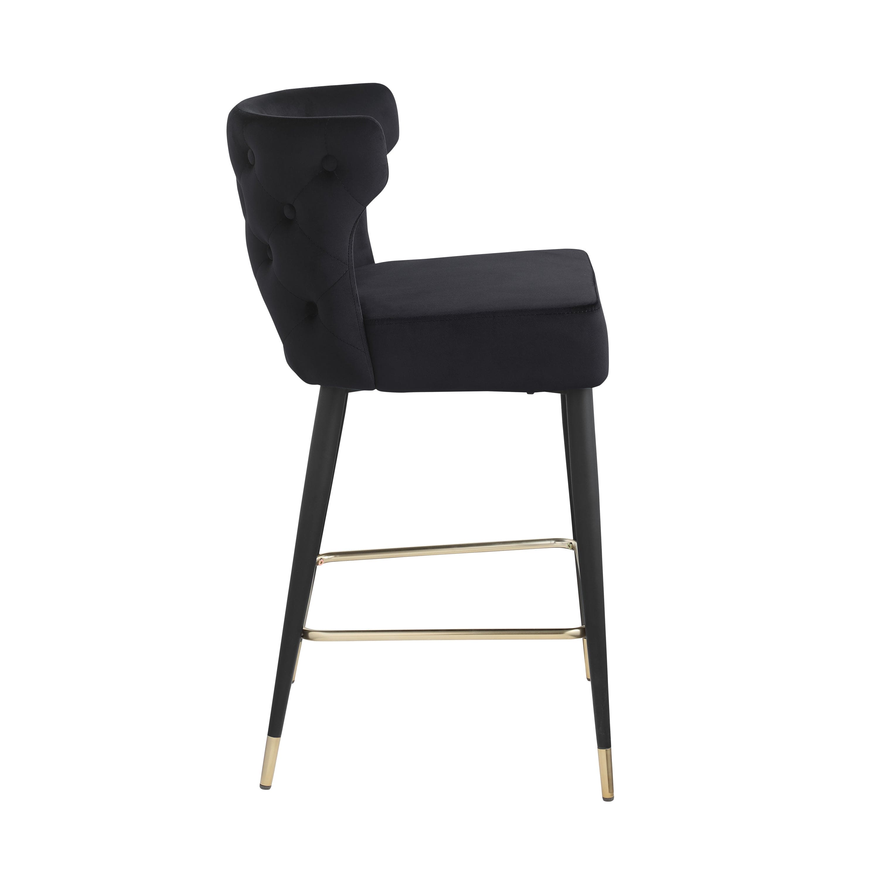 Woker Furniture Contemporary Velvet Upholstered Counter Height Stool with Gold Tipped, Black Metal Legs, 22" W x 19" D x 38.5" H, Black