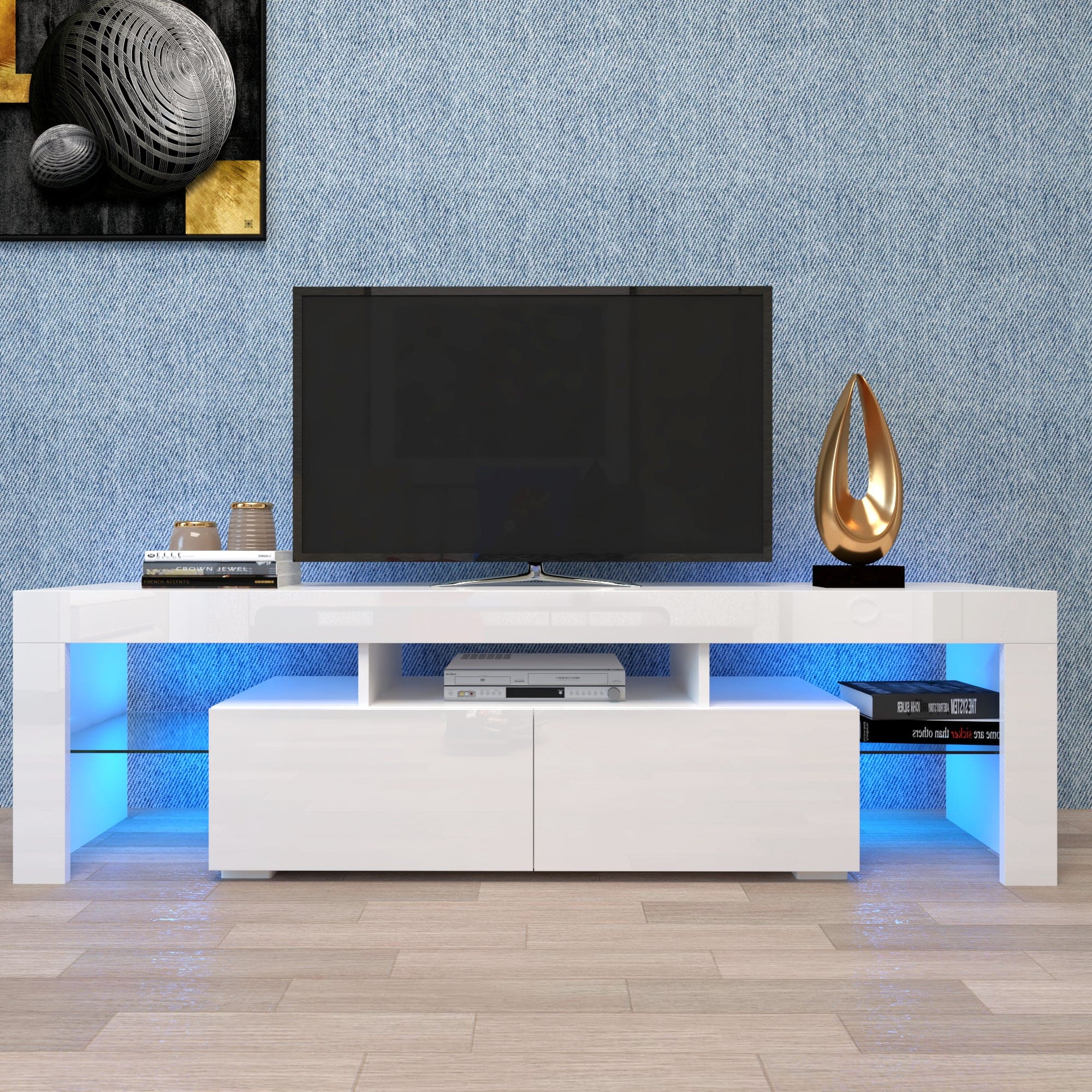 Modern White TV Stand, 20 Colors LED TV Stand w/Remote Control Lights