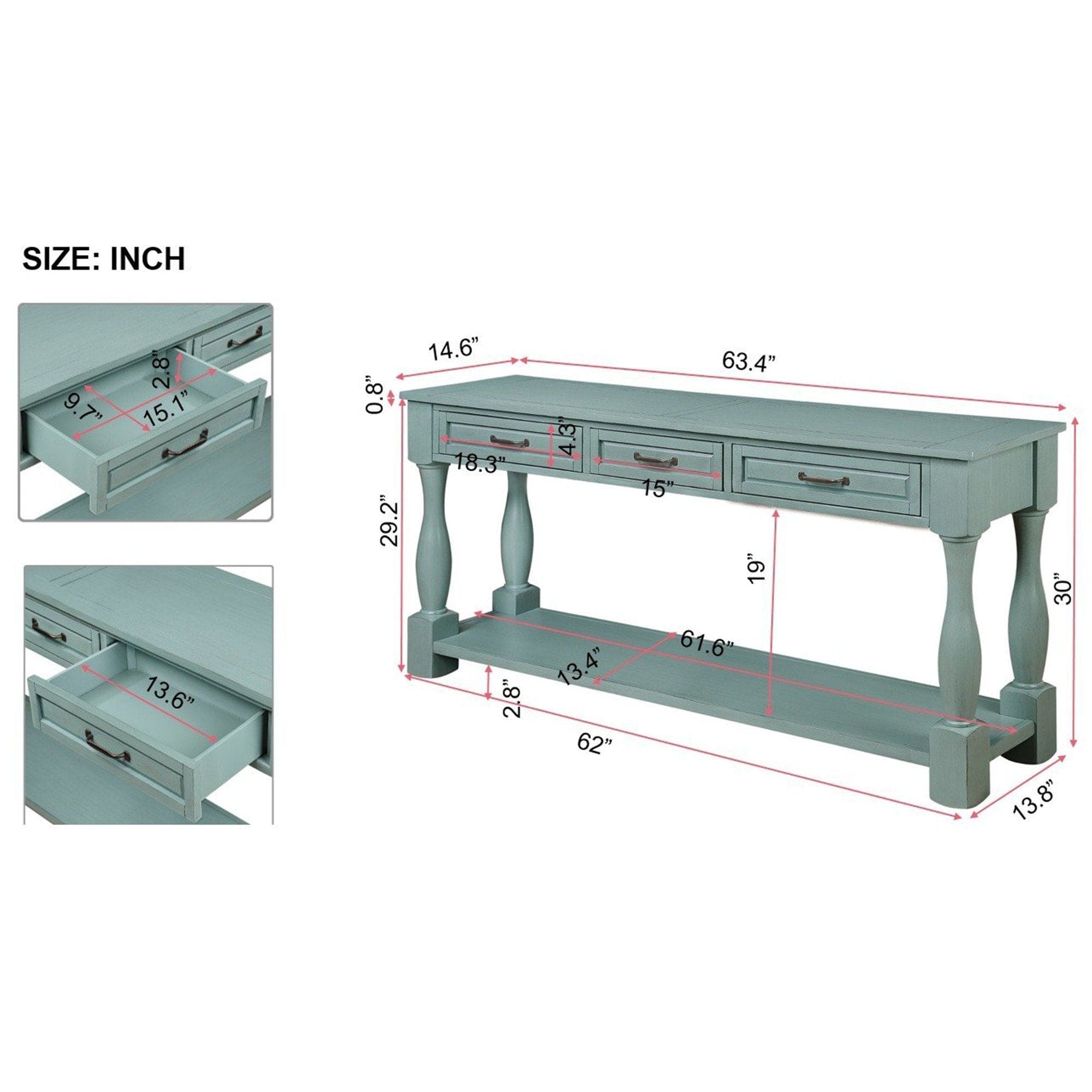 63inch Long Wood Console Table with 3 Drawers and 1 Bottom Shelf for Entryway Hallway Easy Assembly Extra-thick Sofa Table ( Retro Blue)