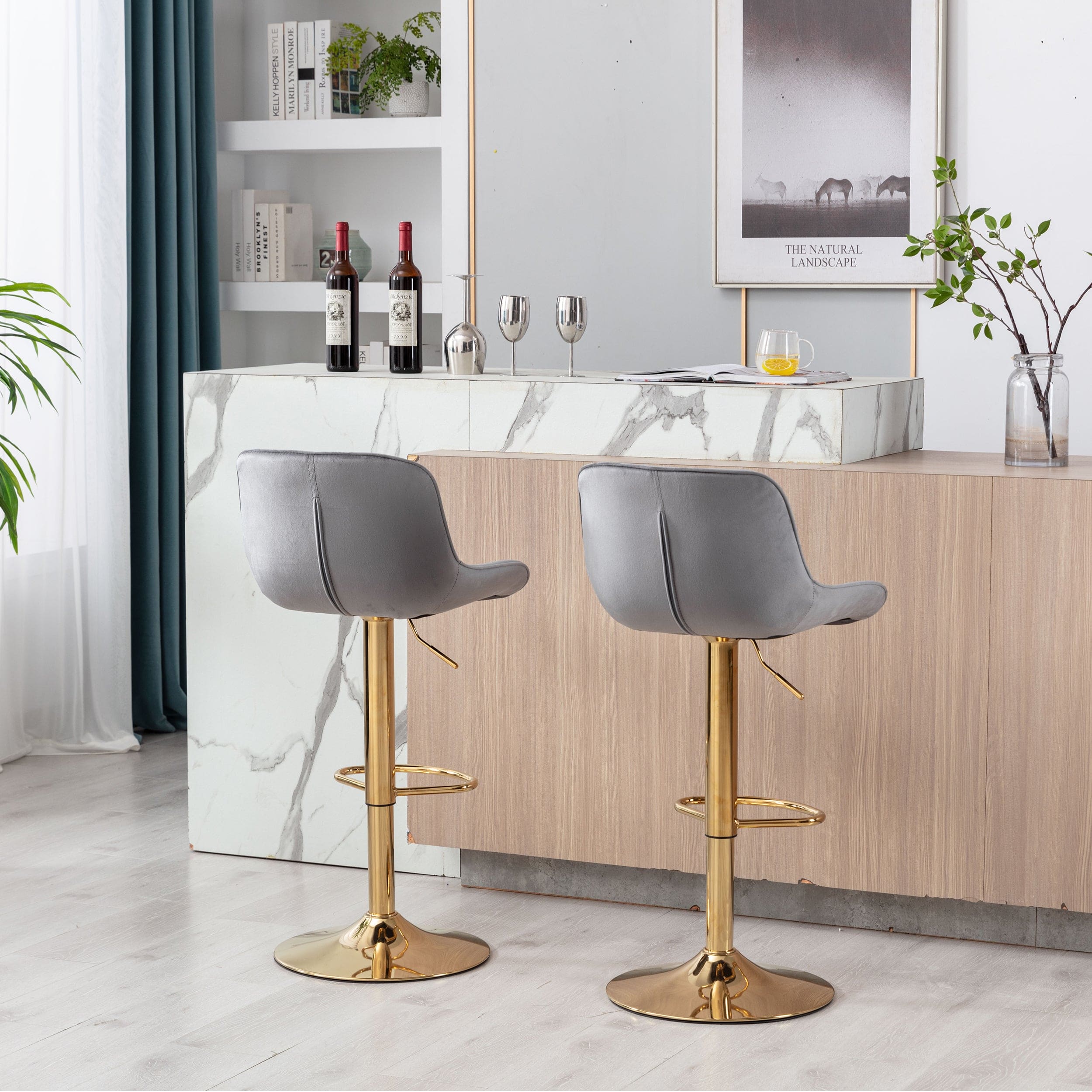 Chrome Footrest and Base Swivel Height Adjustable Mechanical Lifting Velvet + Golden Leg Simple Bar Stool,Set of 2,Grey