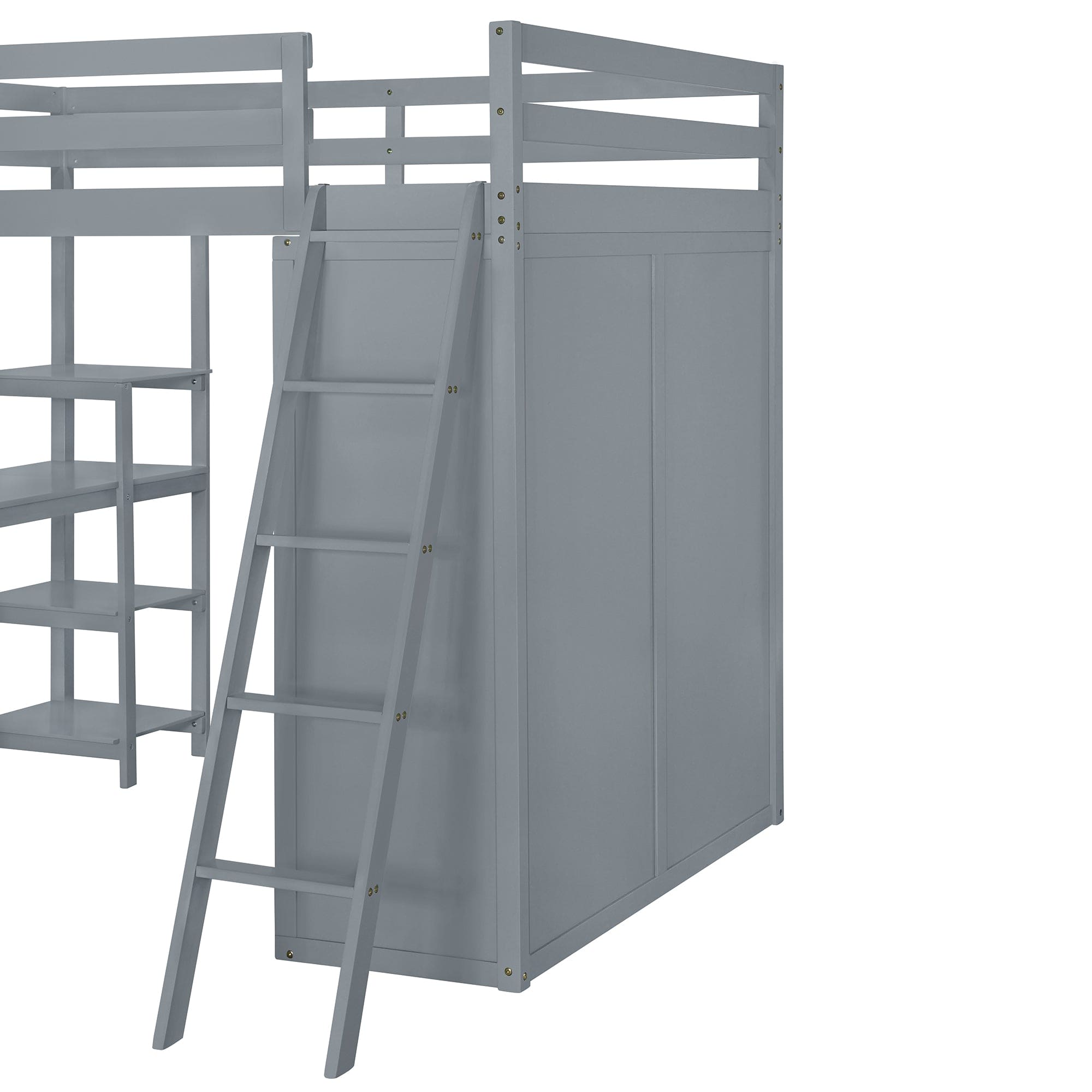 Full Size Loft Bed with Wardrobe and Desk and Shelves, Gray