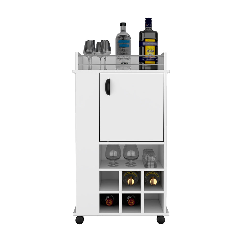 Bar Cart with Casters Reese, Six Wine Cubbies and Single Door, White Finish