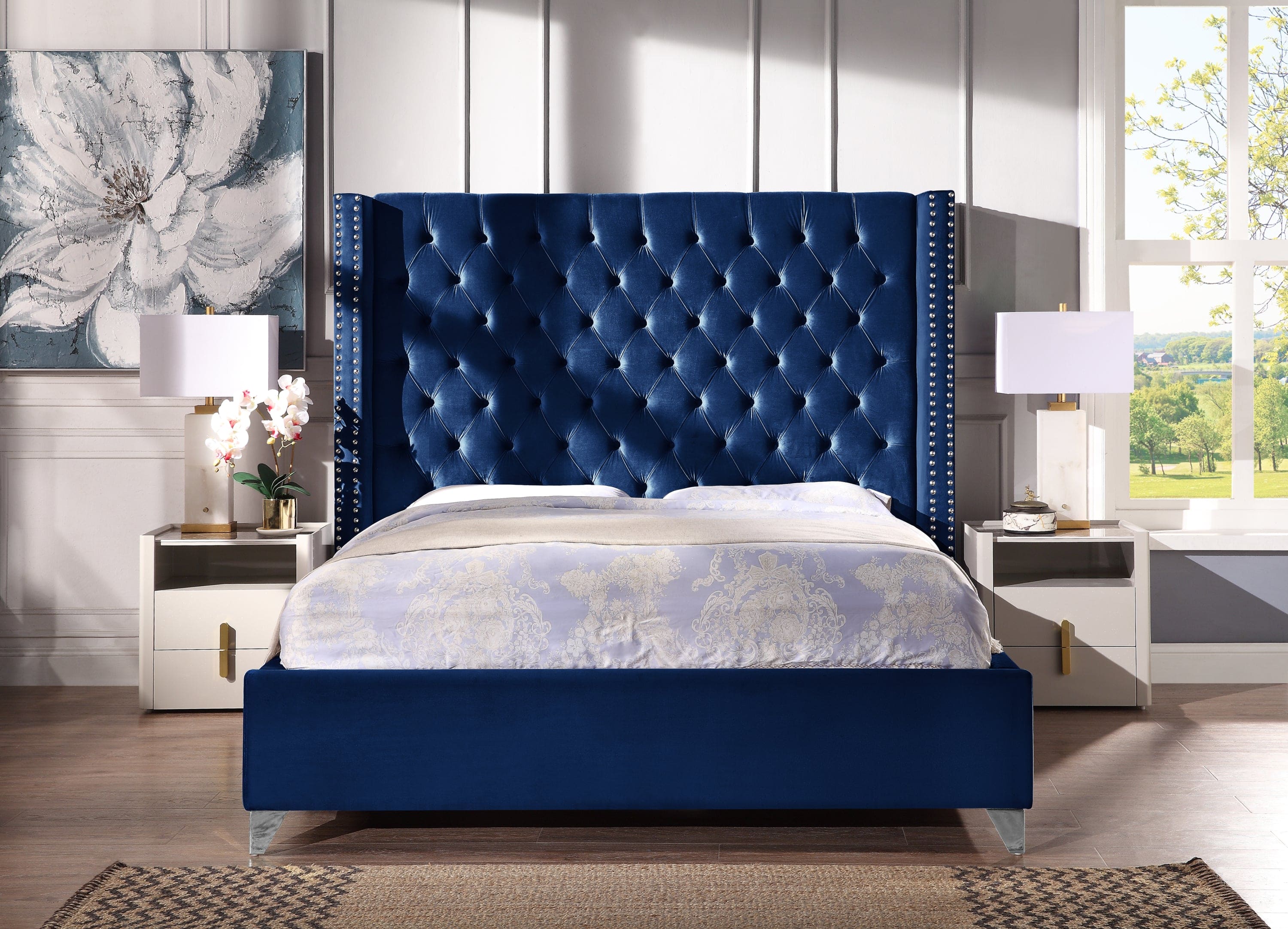 Contemporary Velvet Upholstered Bed with Deep Button Tufting, Solid Wood Frame, High-density Foam, Silver Metal Leg, Queen Size