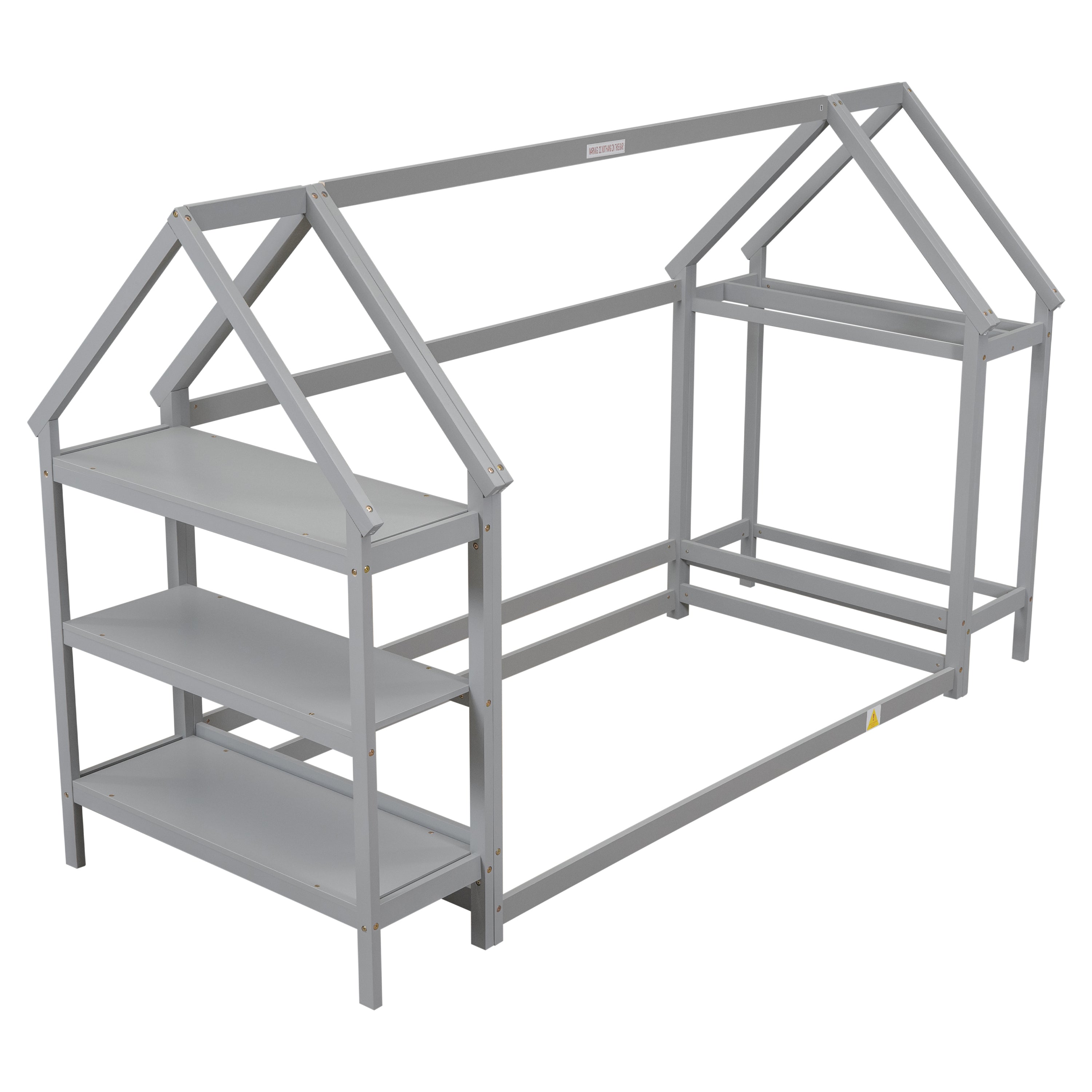 Twin House-Shaped Floor Bed with 2 Detachable Stands,Grey