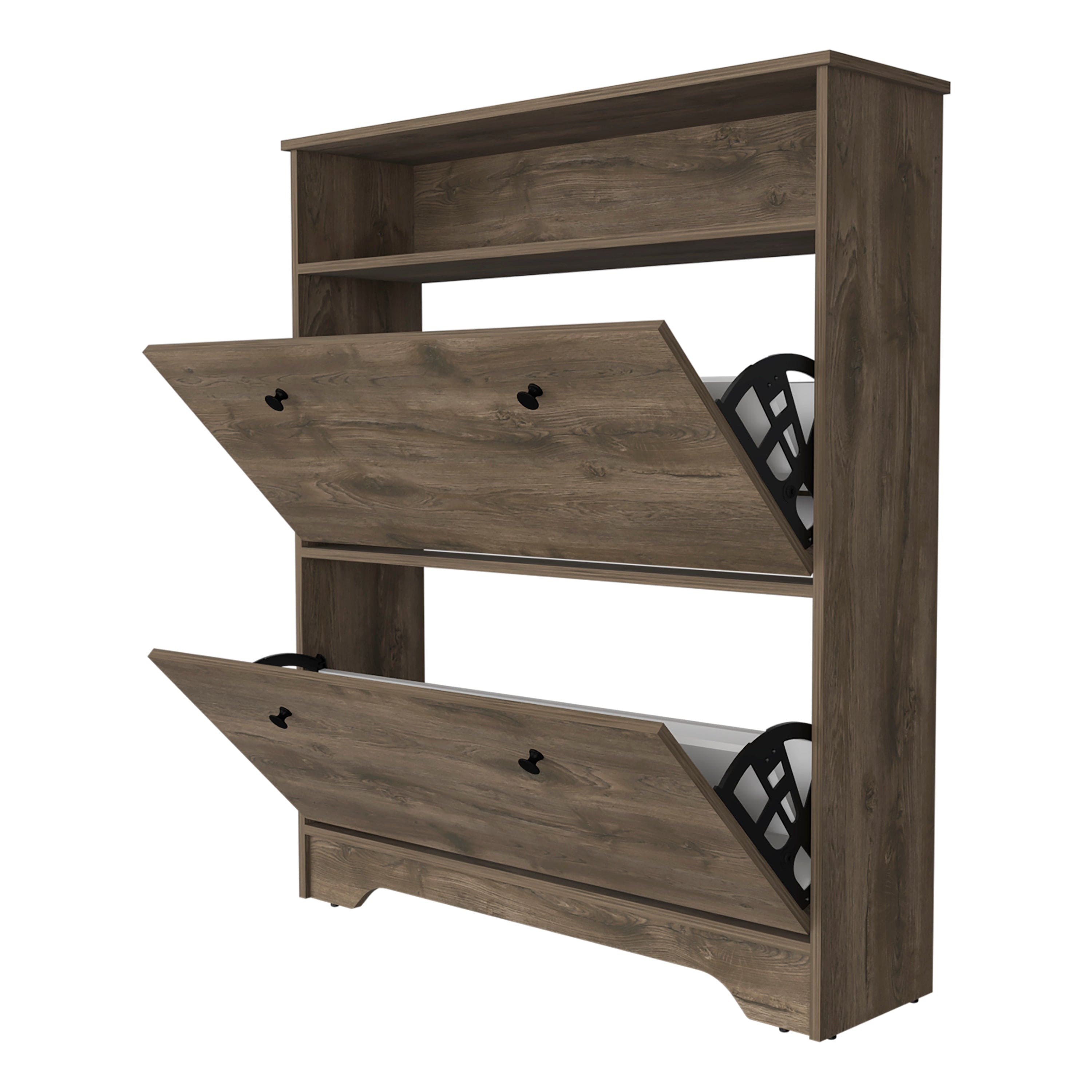 Shoe Rack Dublin, One Open Shelf, Two Extendable Cabinets, Dark Brown Finish