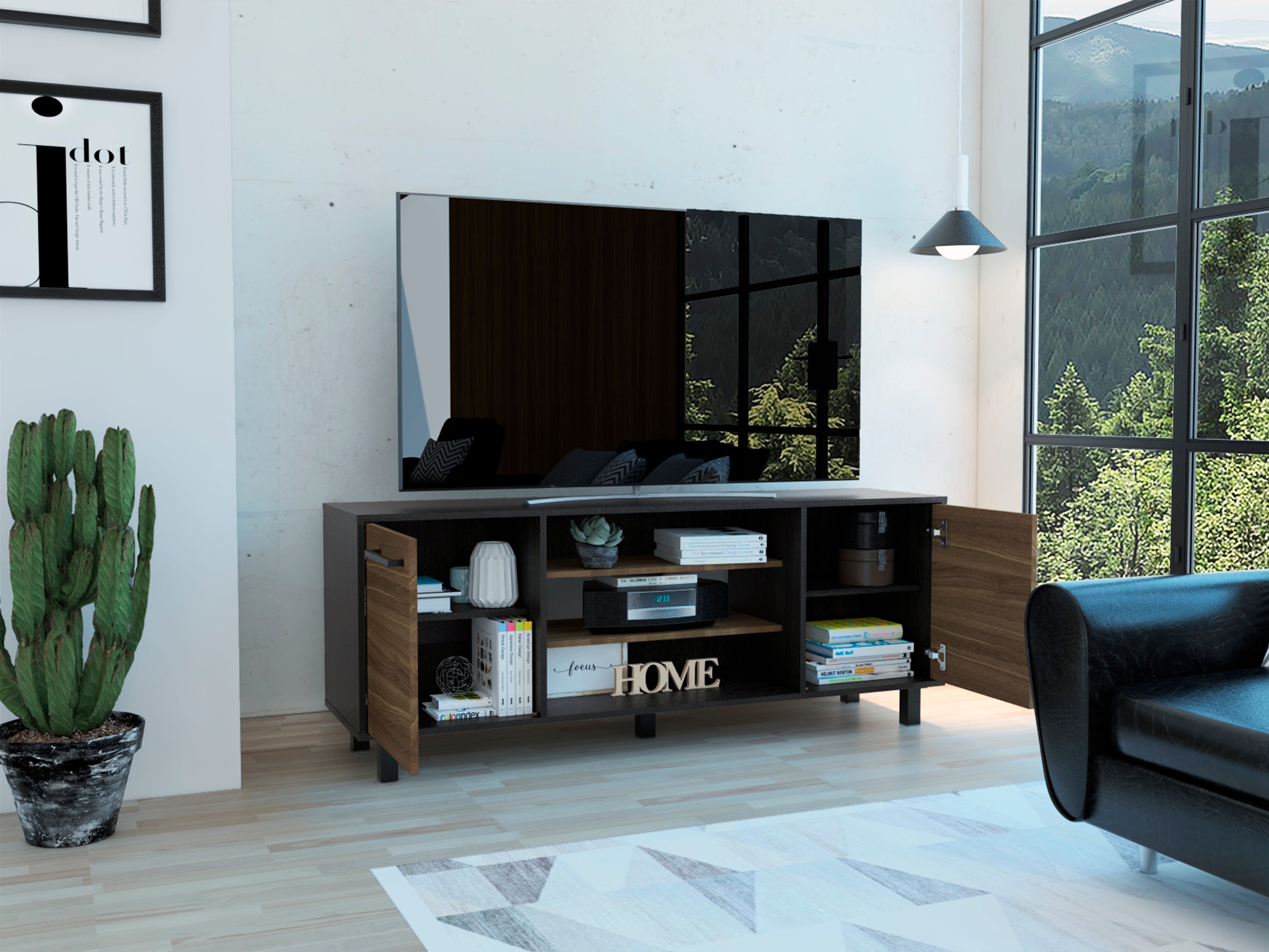 Kaia Tv Stand for TV´s up 55", Four Shelves, Three Shelves -Black / Pine