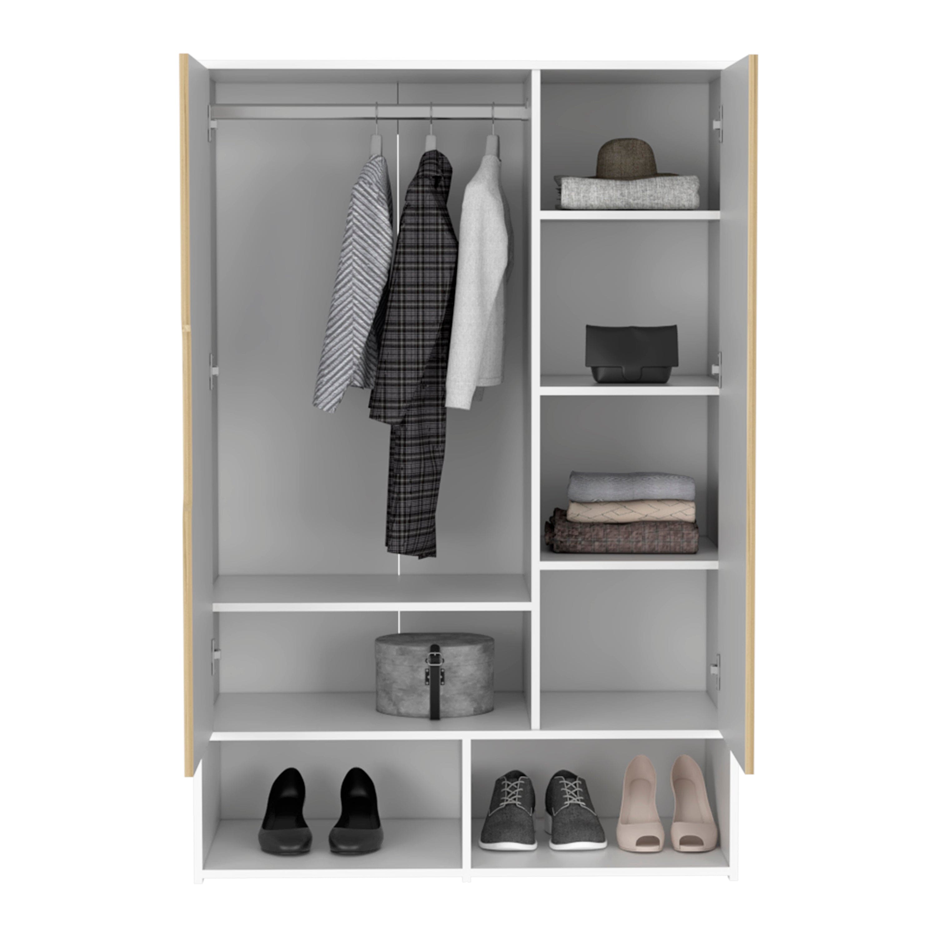 Rosie Armoire, Two Open Shelves, Double Door, Five Shelves, Hanging Rod -Light Oak / White