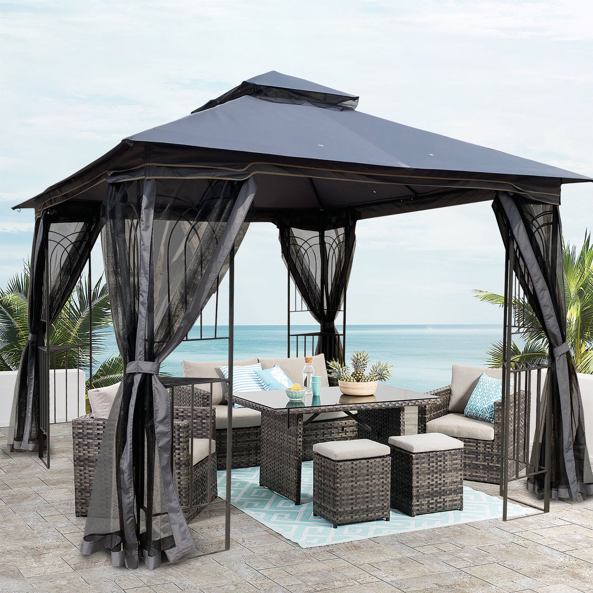 10x10 Outdoor Patio Gazebo Canopy Tent With Ventilated Double Roof And Mosquito net(Detachable Mesh Screen On All Sides),Suitable for Lawn, Garden, Backyard and Deck,Gray Top