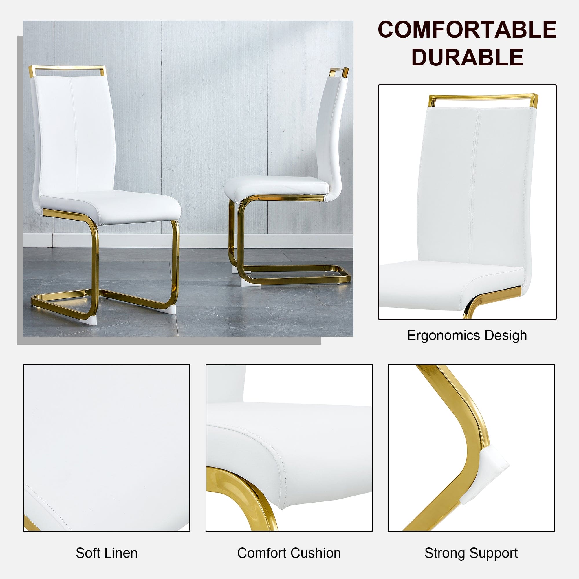 Table and chair set. 1 table and 4 white PU backrest cushions with gold metal leg chairs . A rectangular white imitation marble desktop with MDF legs and gold metal decorative strips. HH1162