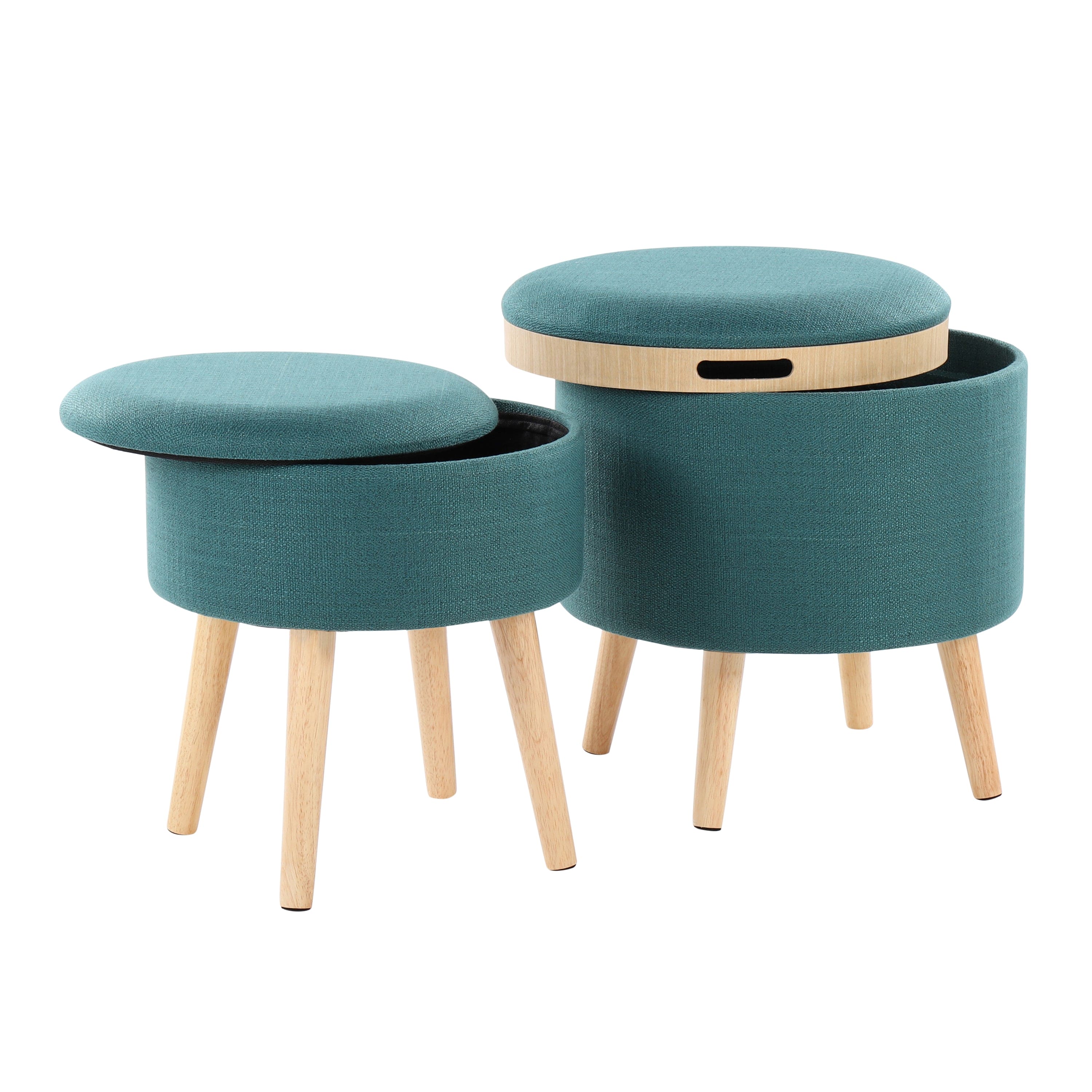 Tray Contemporary Storage Ottoman with Matching Stool in Teal Fabric and Natural Wood Legs by LumiSource