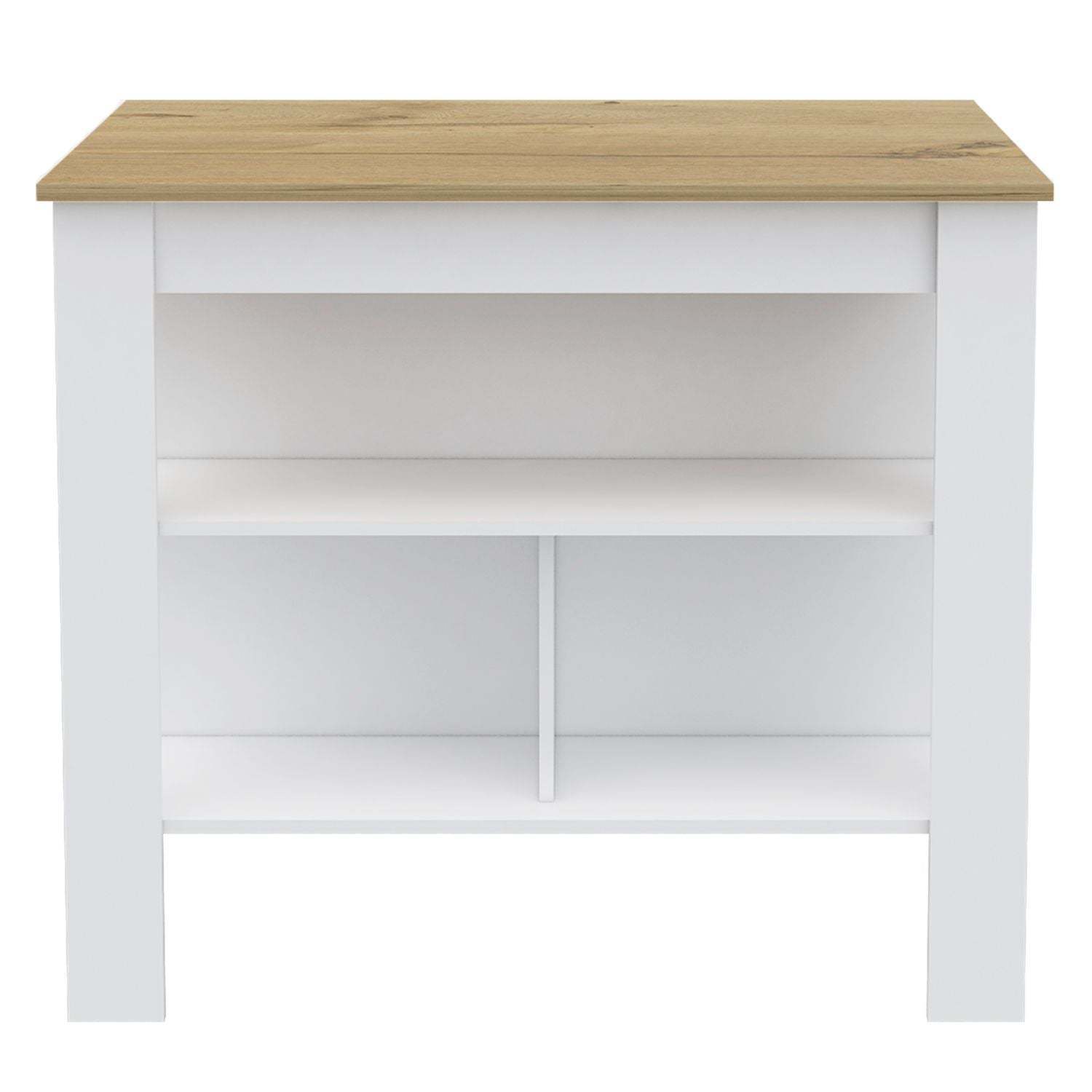 DEPOT E-SHOP Delos Kitchen Island, Four Legs, Three Shelves, White / Light Oak