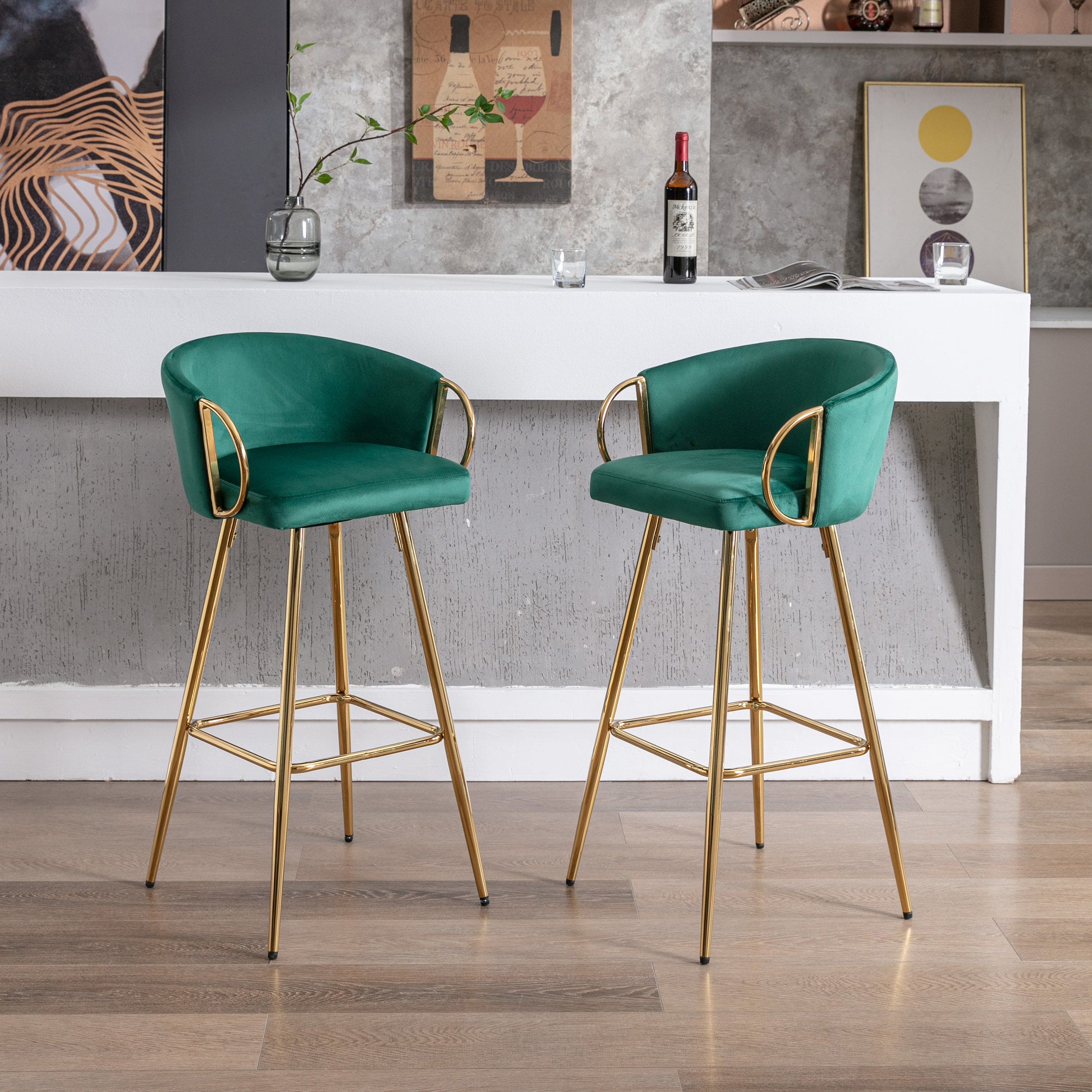 26 Inch Set of 2 Bar Stools,with Chrome Footrest and Base Velvet + Golden Leg Simple Bar Stool,GREEN