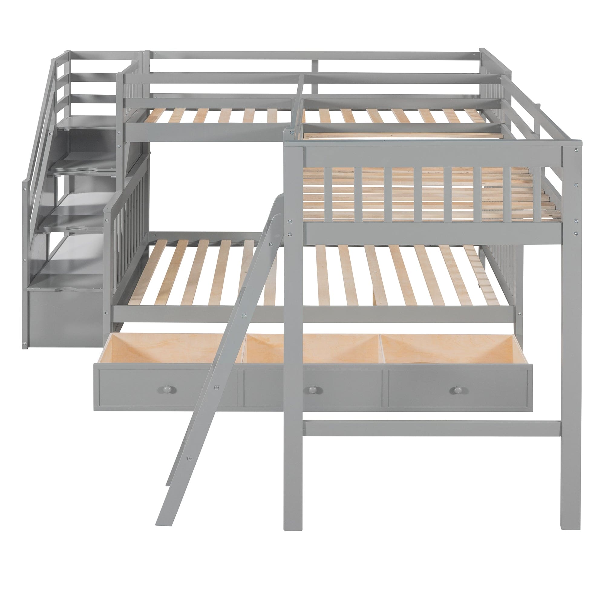 Twin over Full L-Shaped Bunk Bed With 3 Drawers, Ladder and Staircase - Gray