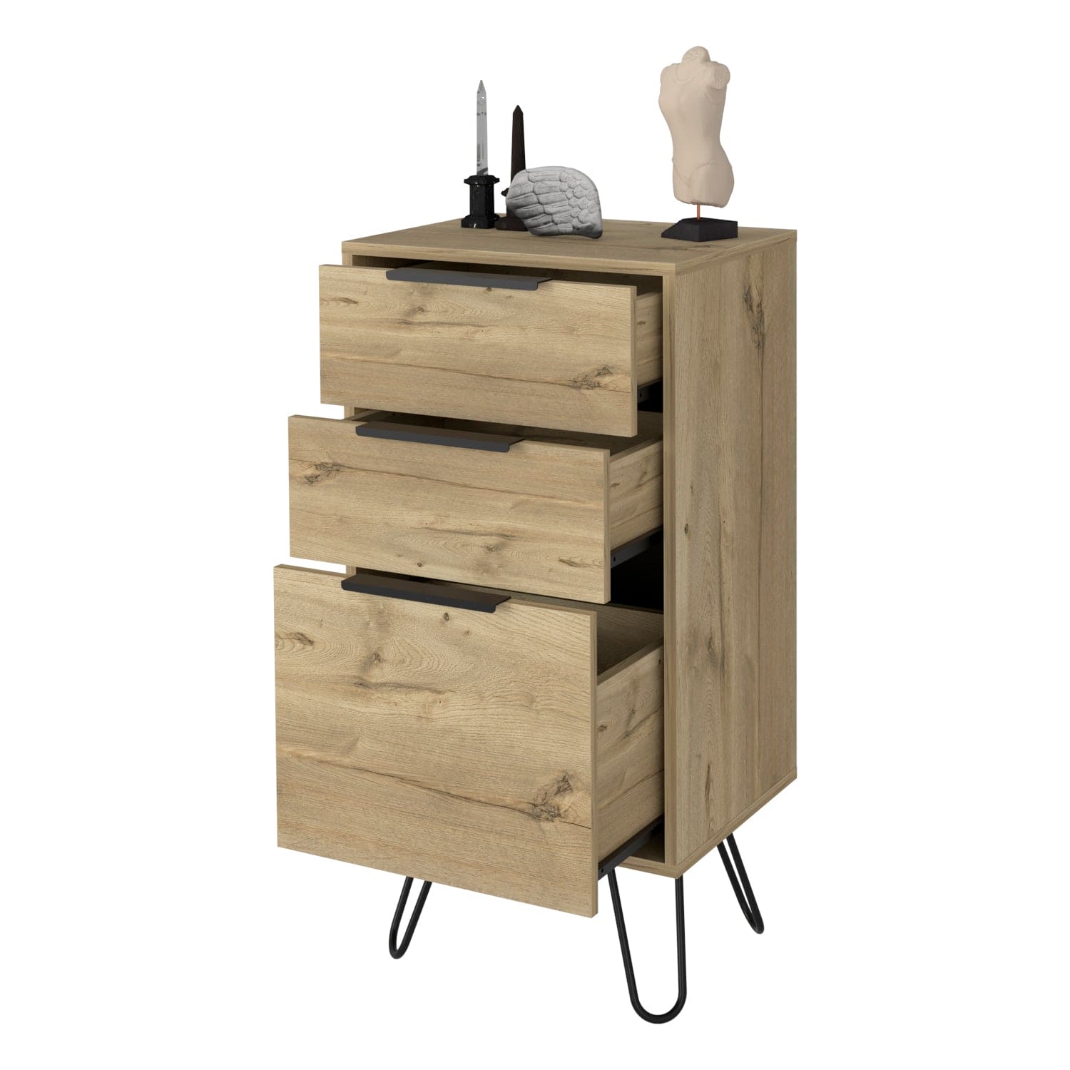 Light Dresser Skyoner, Hairpin Legs, Superior Top,Three Drawers, Light Oak Finish