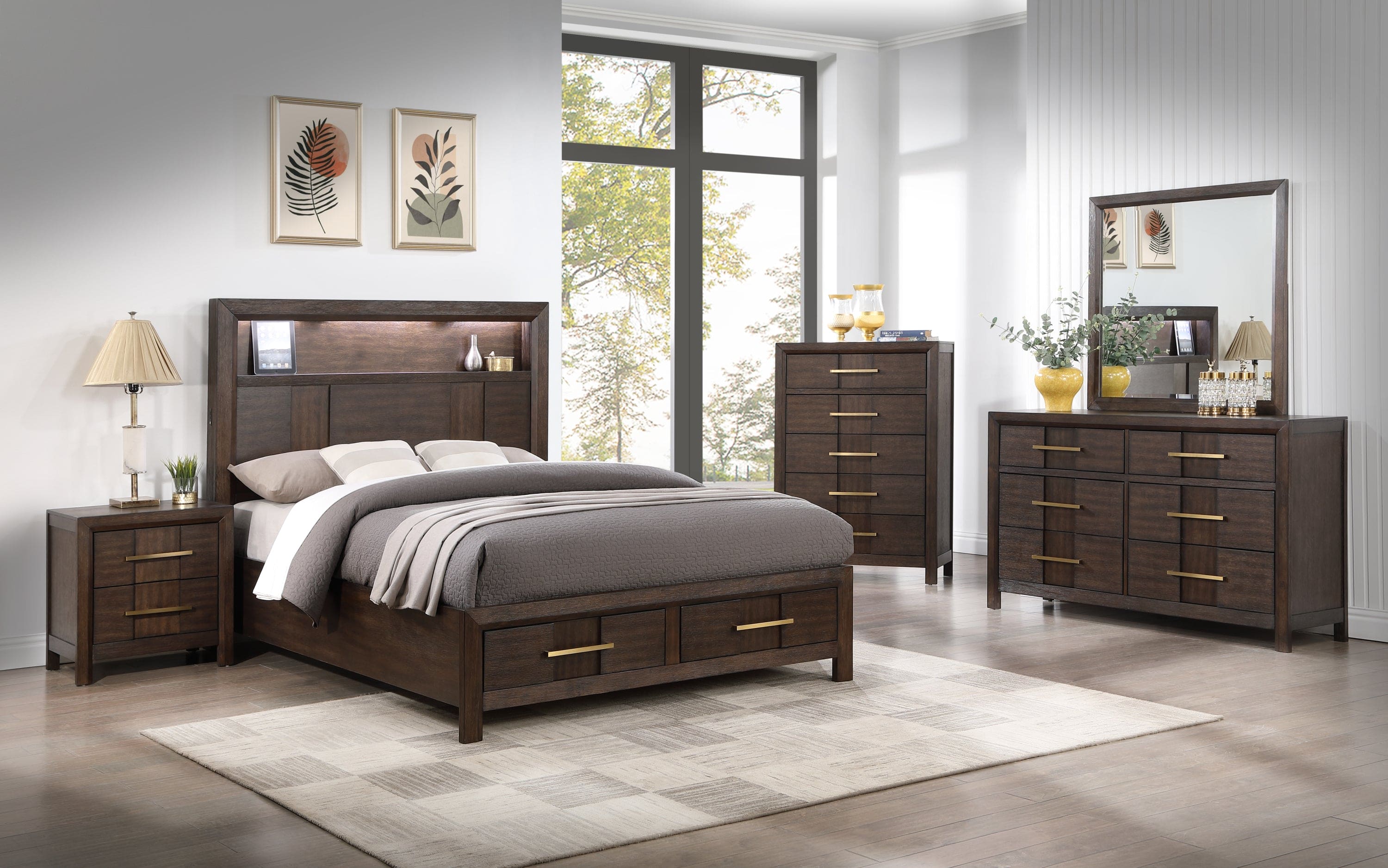 Kenzo Modern Style Full Bed Made with Wood & LED Headboard with bookshelf in Walnut