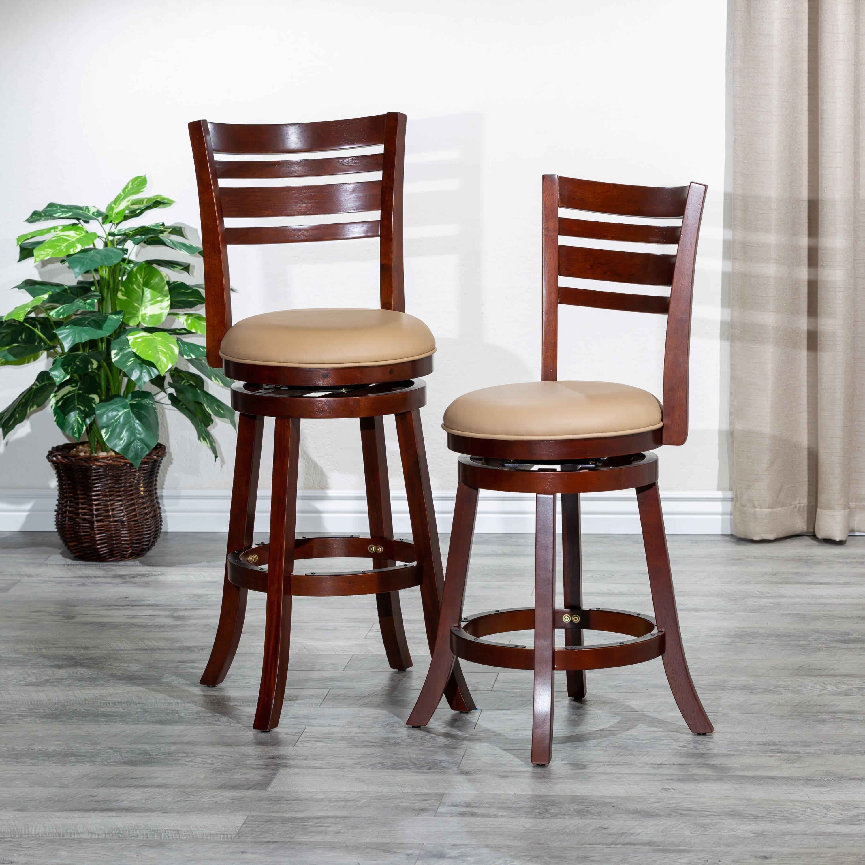 24" Counter Height Slat Back Swivel Stool, Cherry Finish, Bone Leather Seat